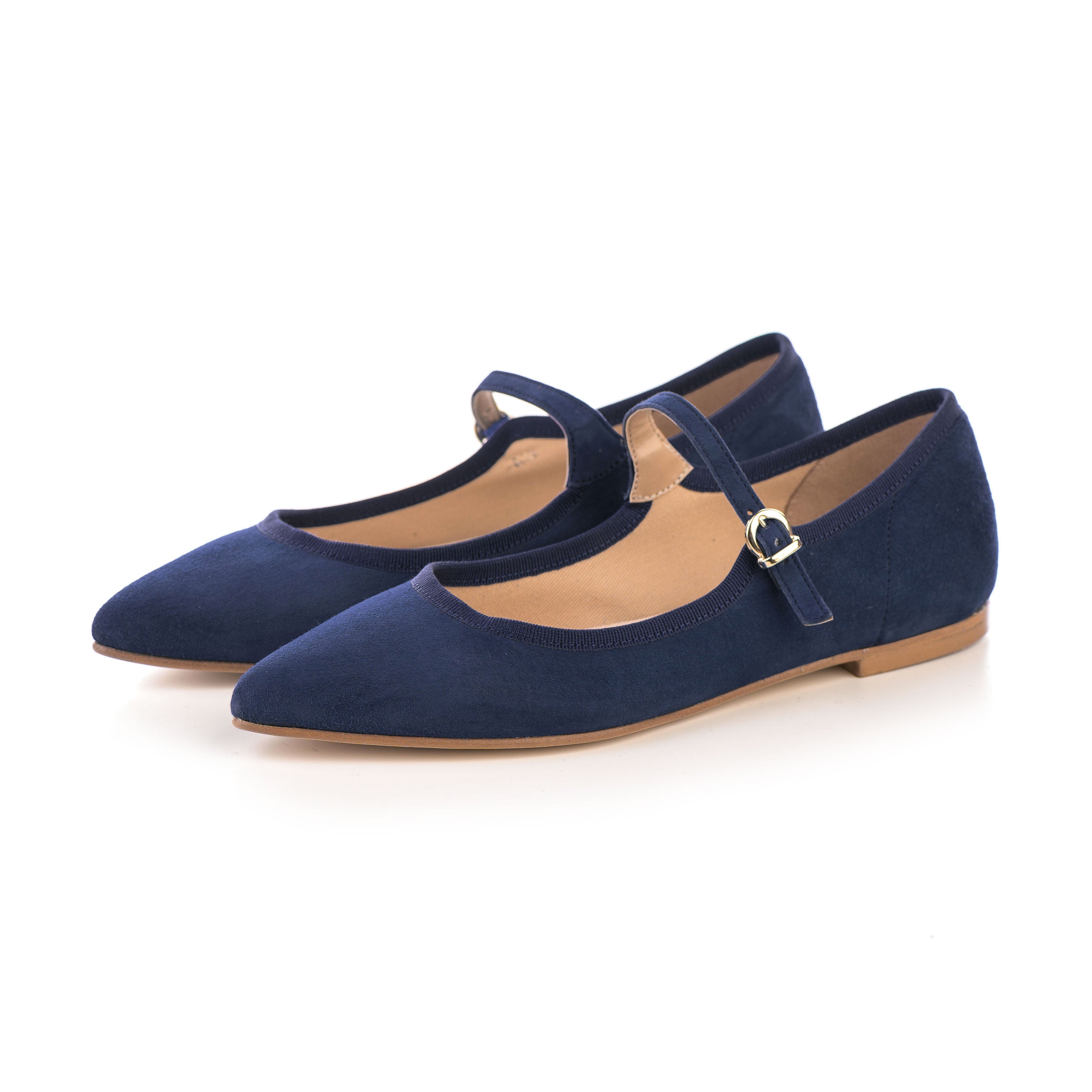 Blue suede pointed ballet flats with strap