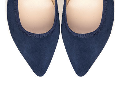 Blue suede pointed ballet flats with strap