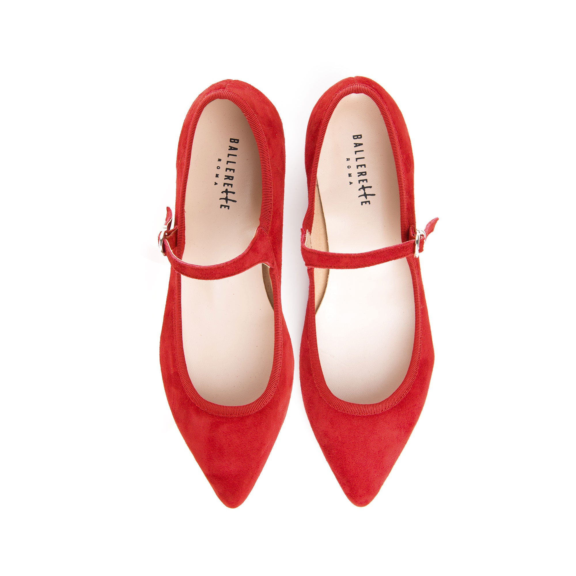 Red suede pointed ballet flats with strap