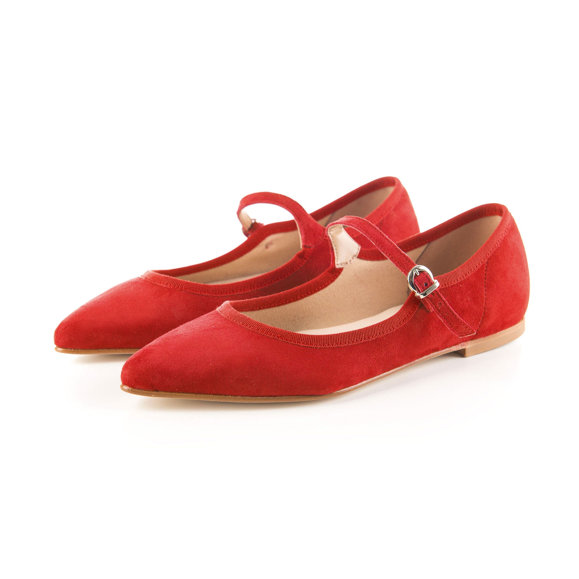 Red suede pointed ballet flats with strap