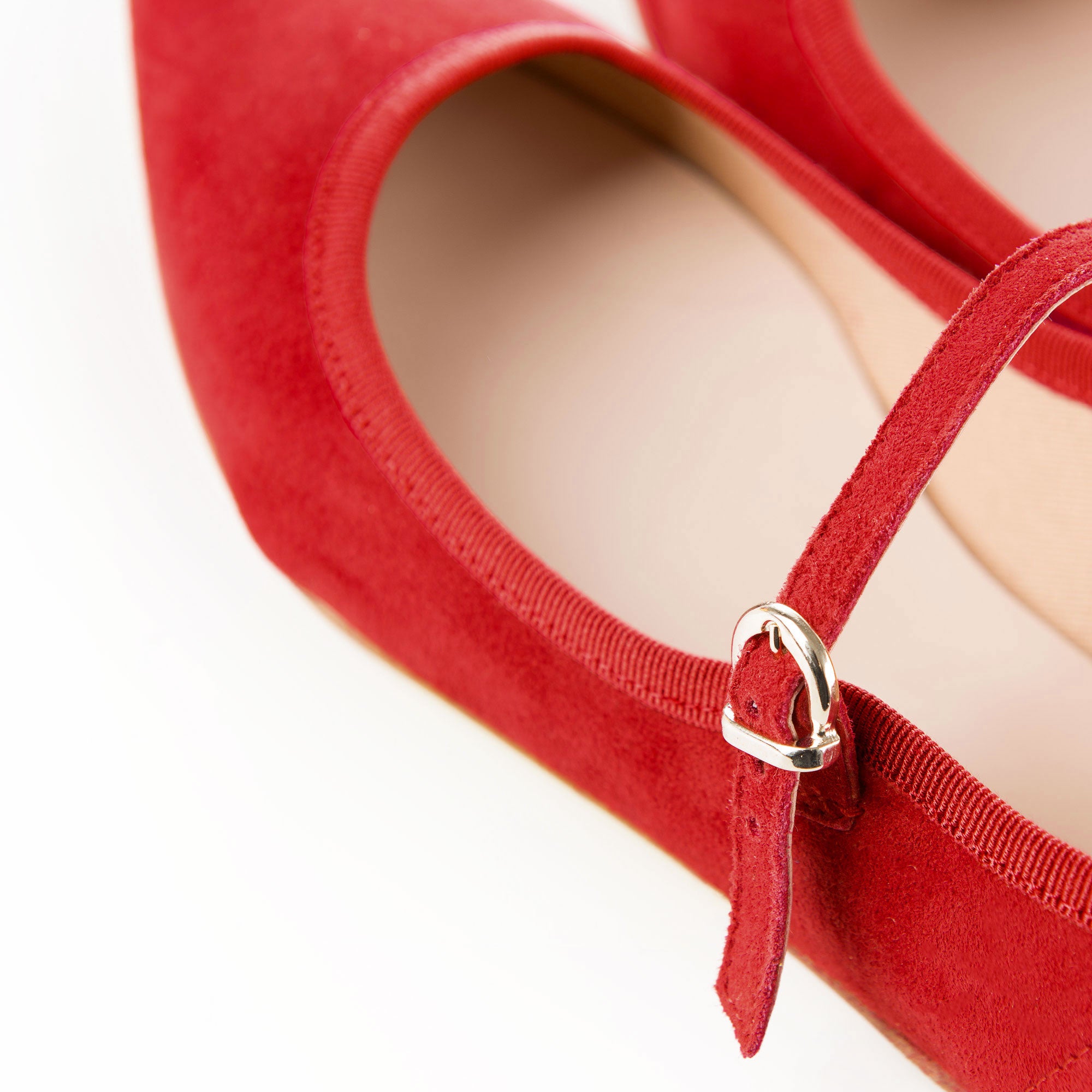 Red suede pointed ballet flats with strap