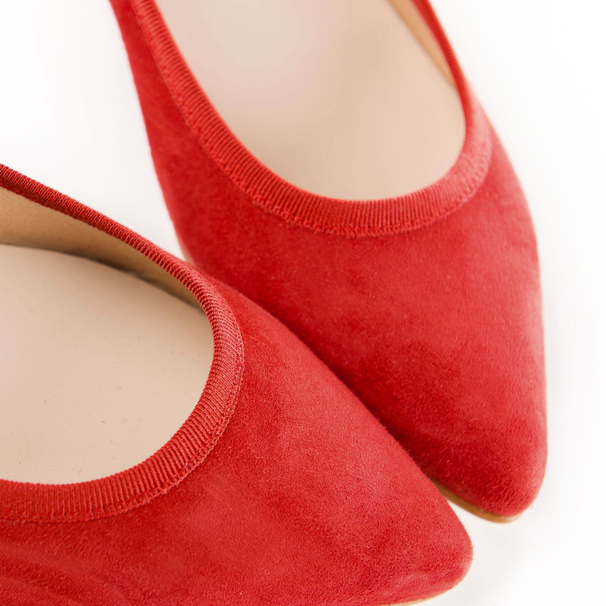 Red suede pointed ballet flats with strap