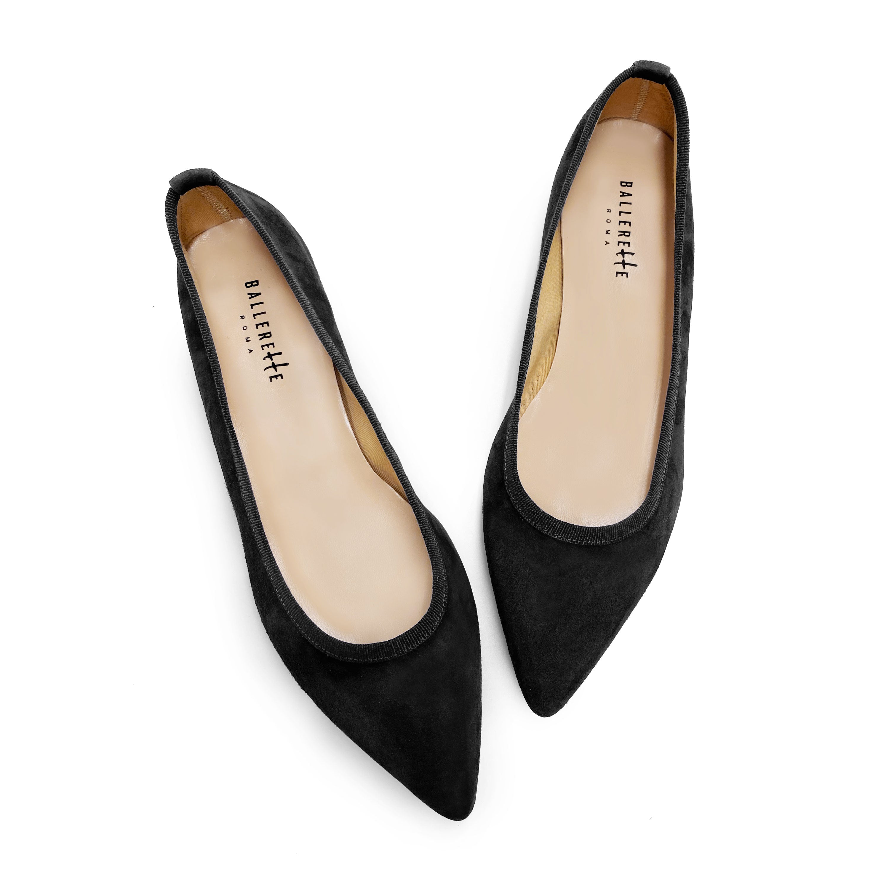 Pointed toe black suede ballet flats