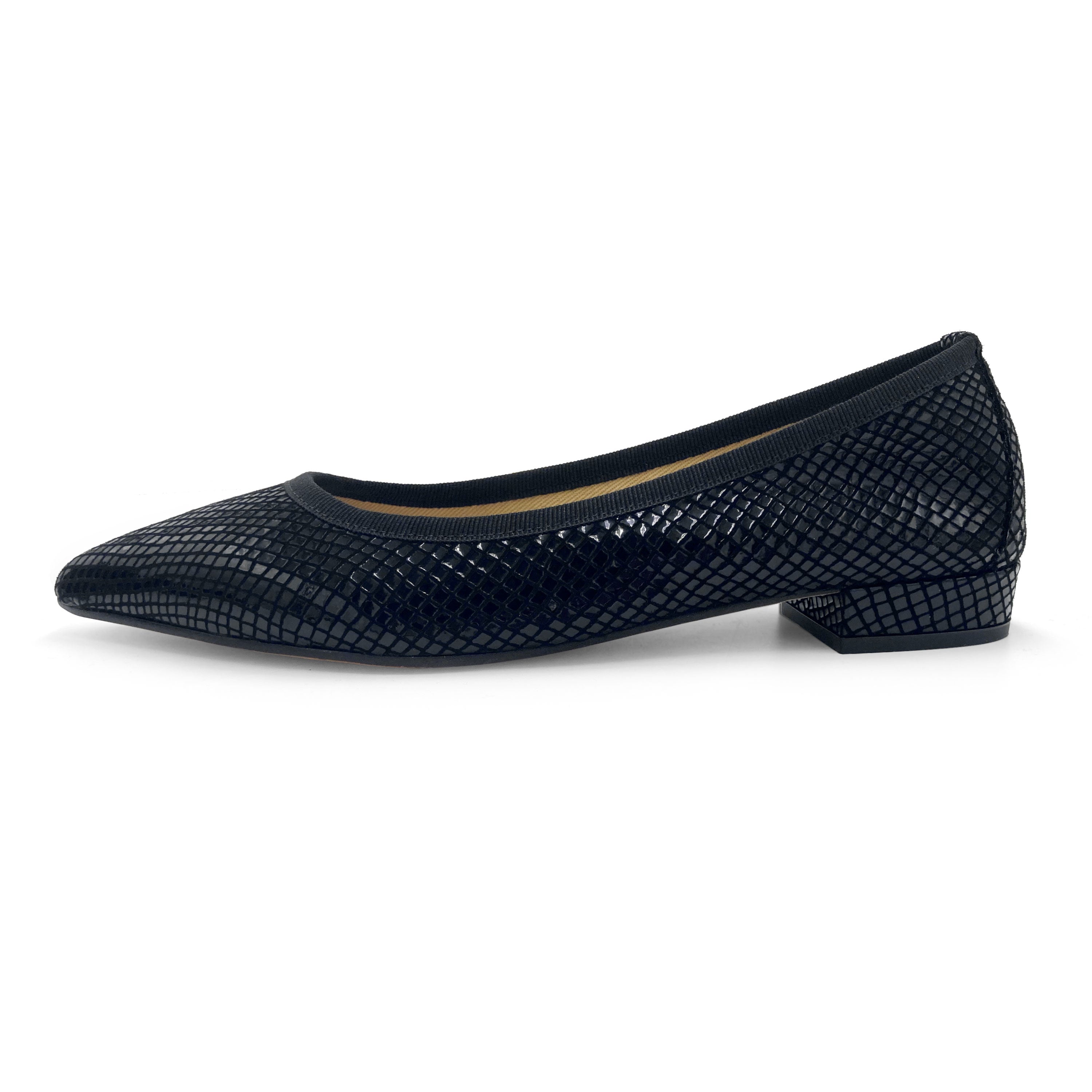 Black laminated suede pointed toe ballet flats