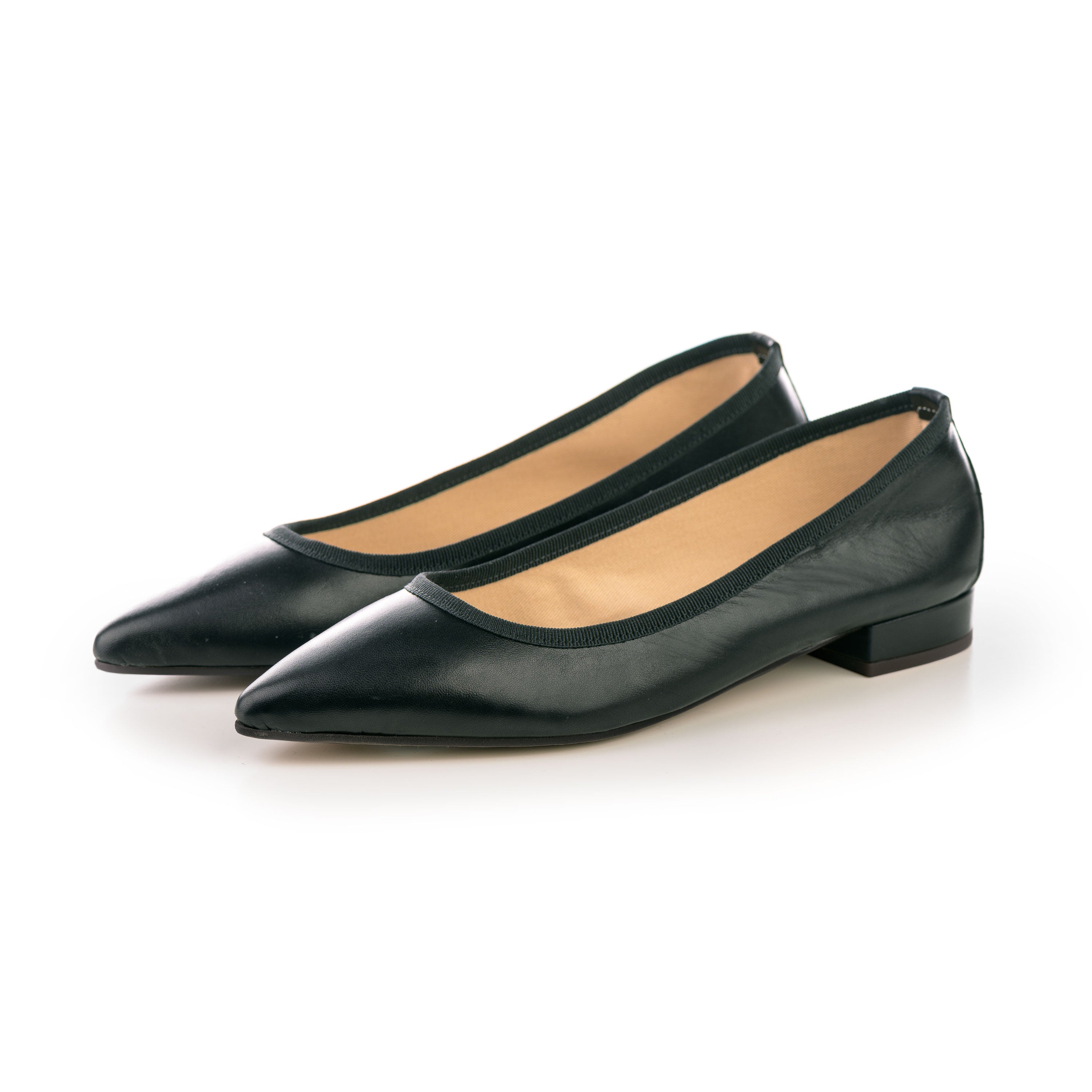 Pointed toe black leather ballet flats