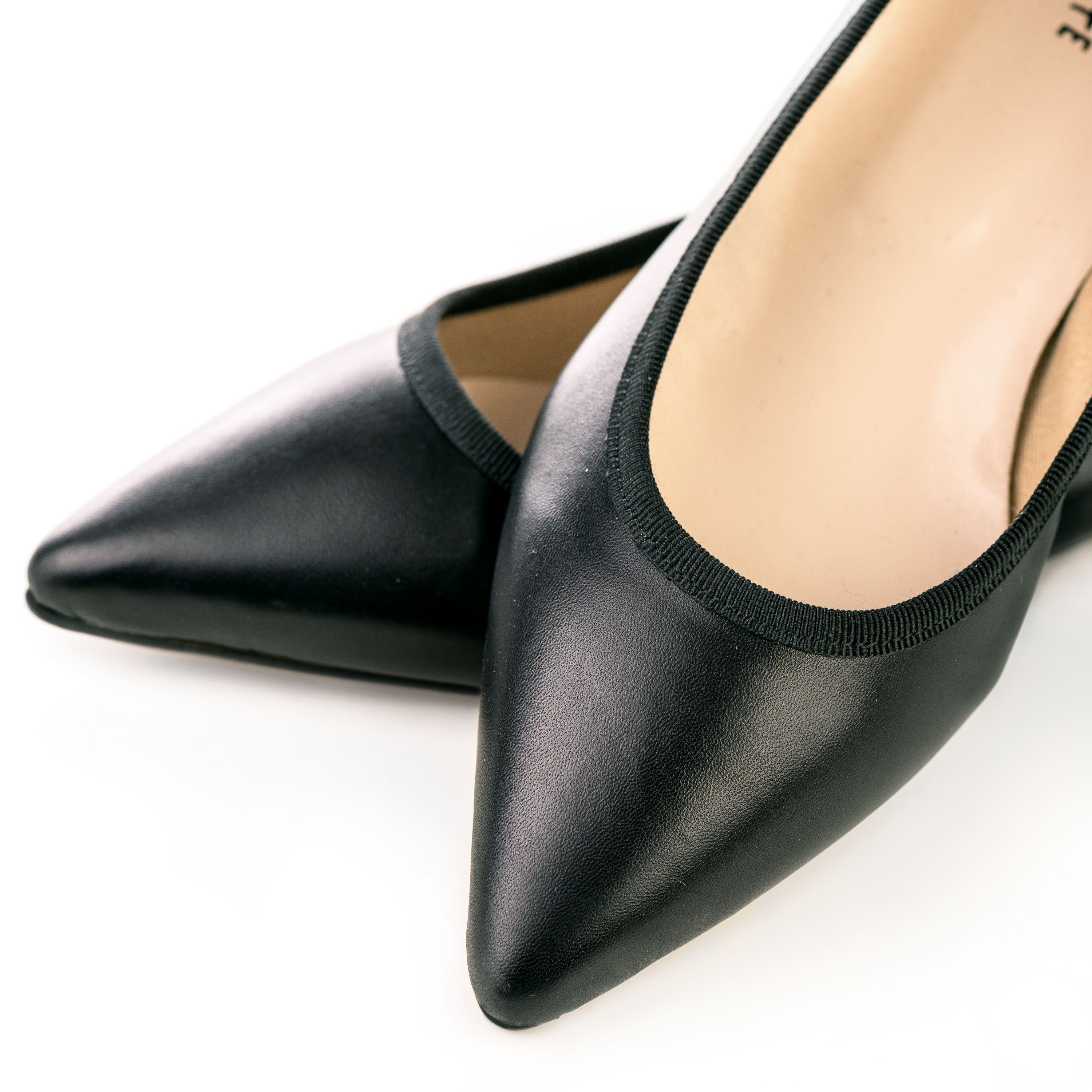 Pointed toe black leather ballet flats