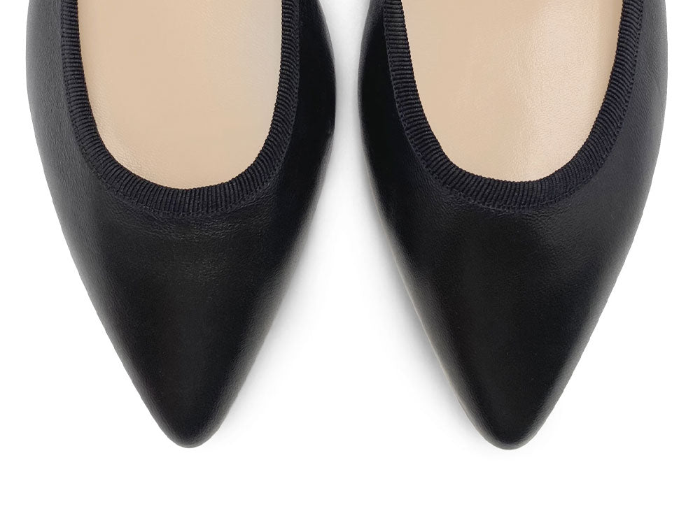 Pointed toe black leather ballet flats