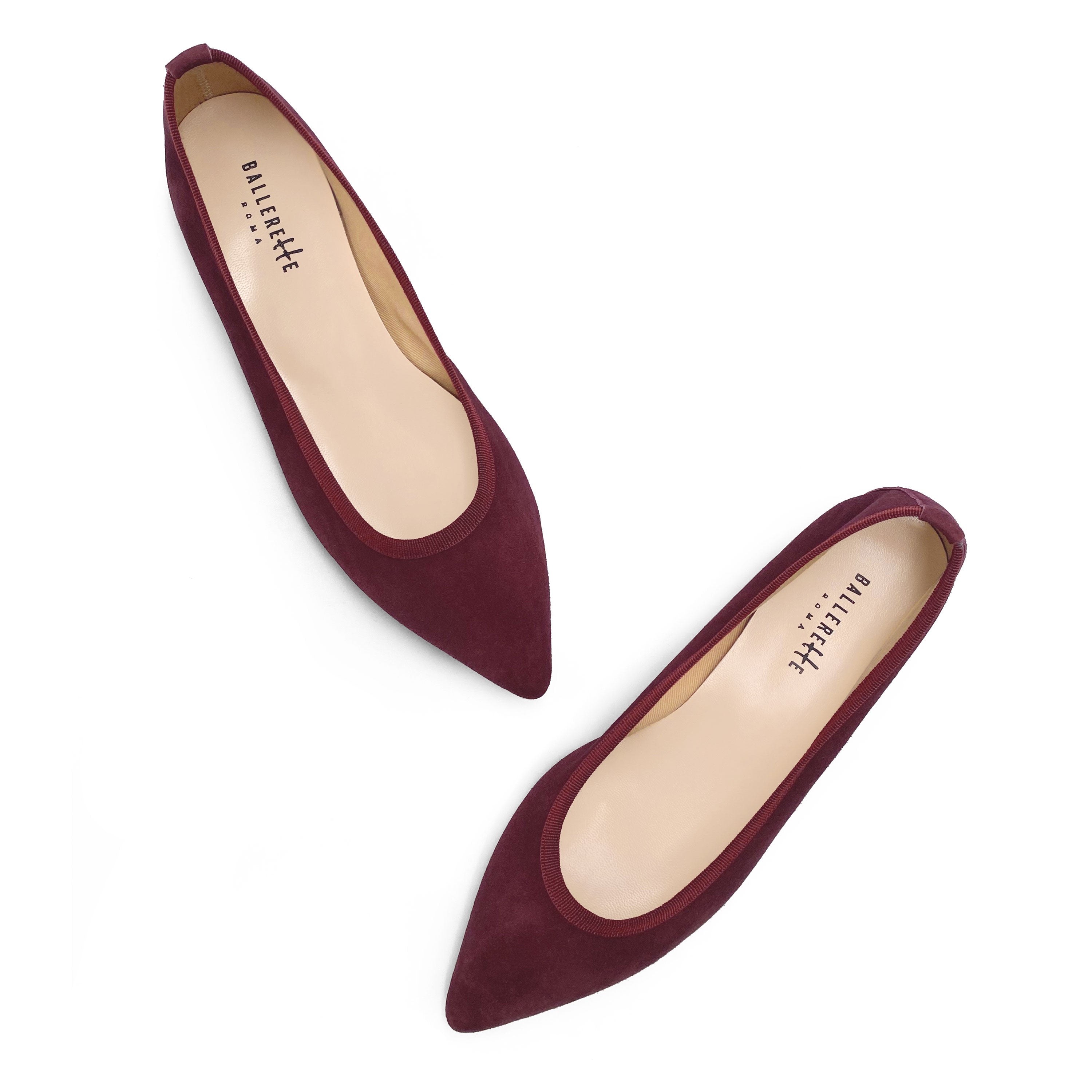 Pointed toe burgundy suede ballet flats