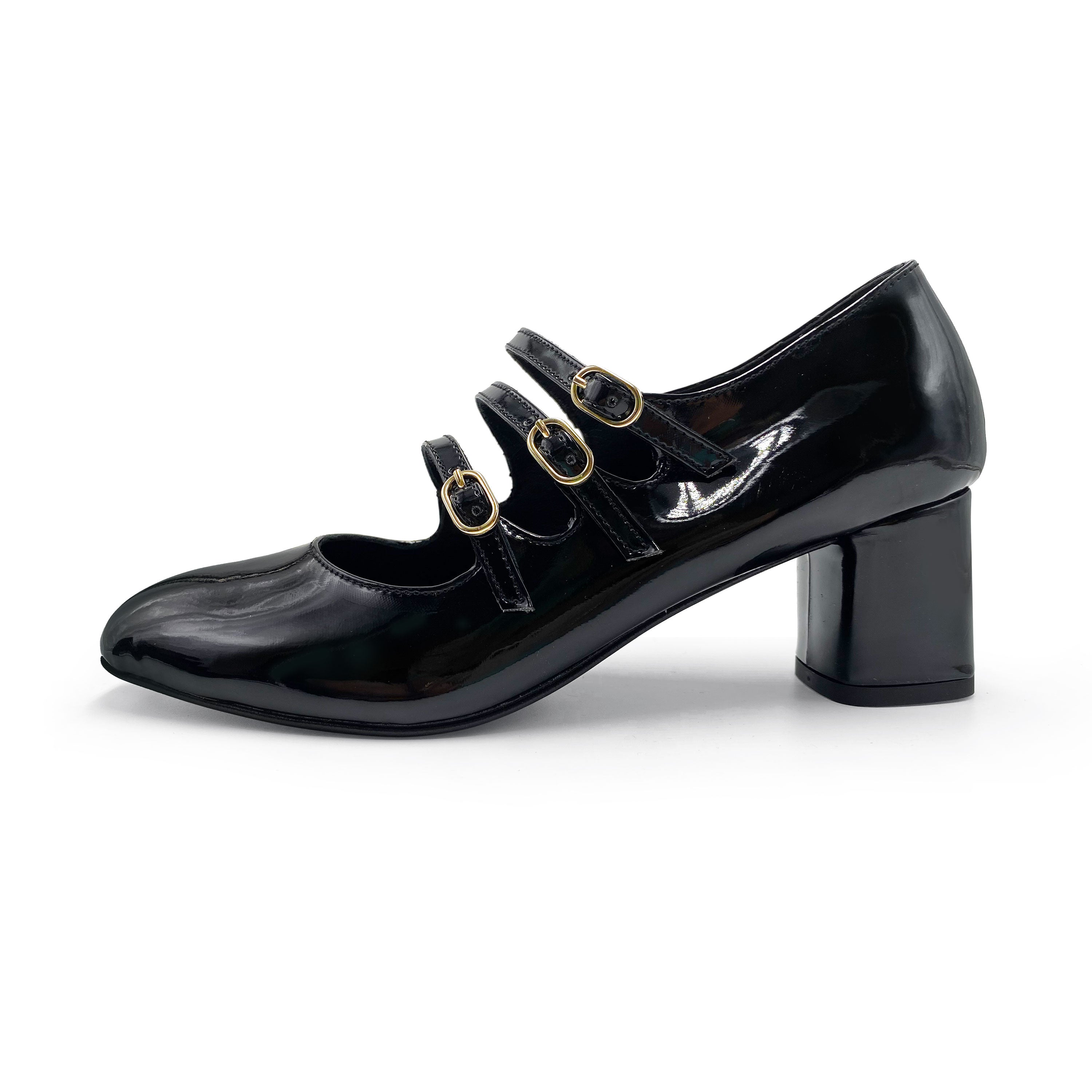 Black patent leather Mary Jane shoes with three straps and high heel