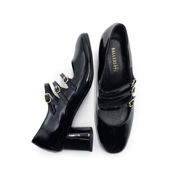 Black patent leather Mary Jane shoes with three straps and high heel Black patent leather Mary Jane shoes with three straps and high heel