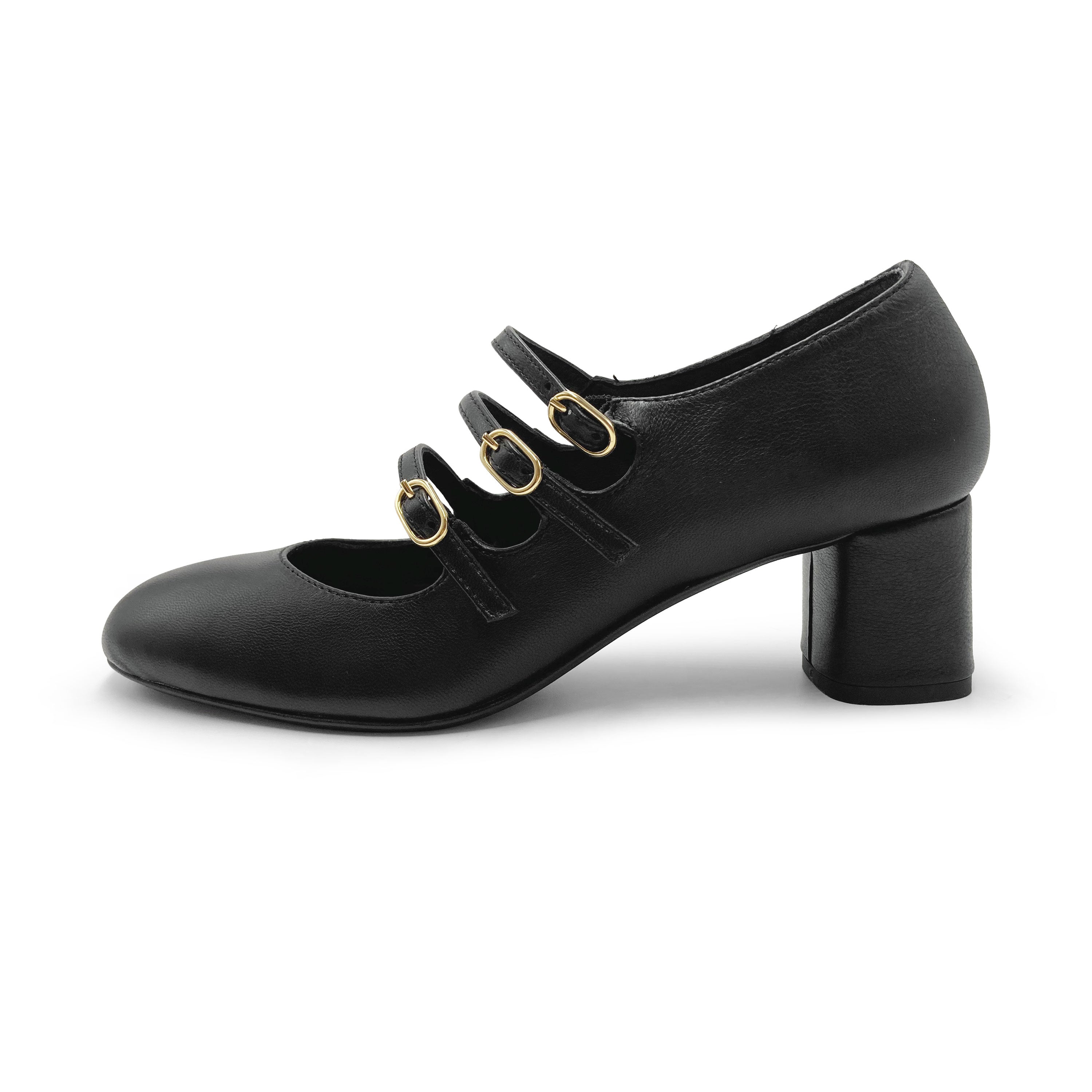 Black three straps high heel Mary Jane shoes in leather