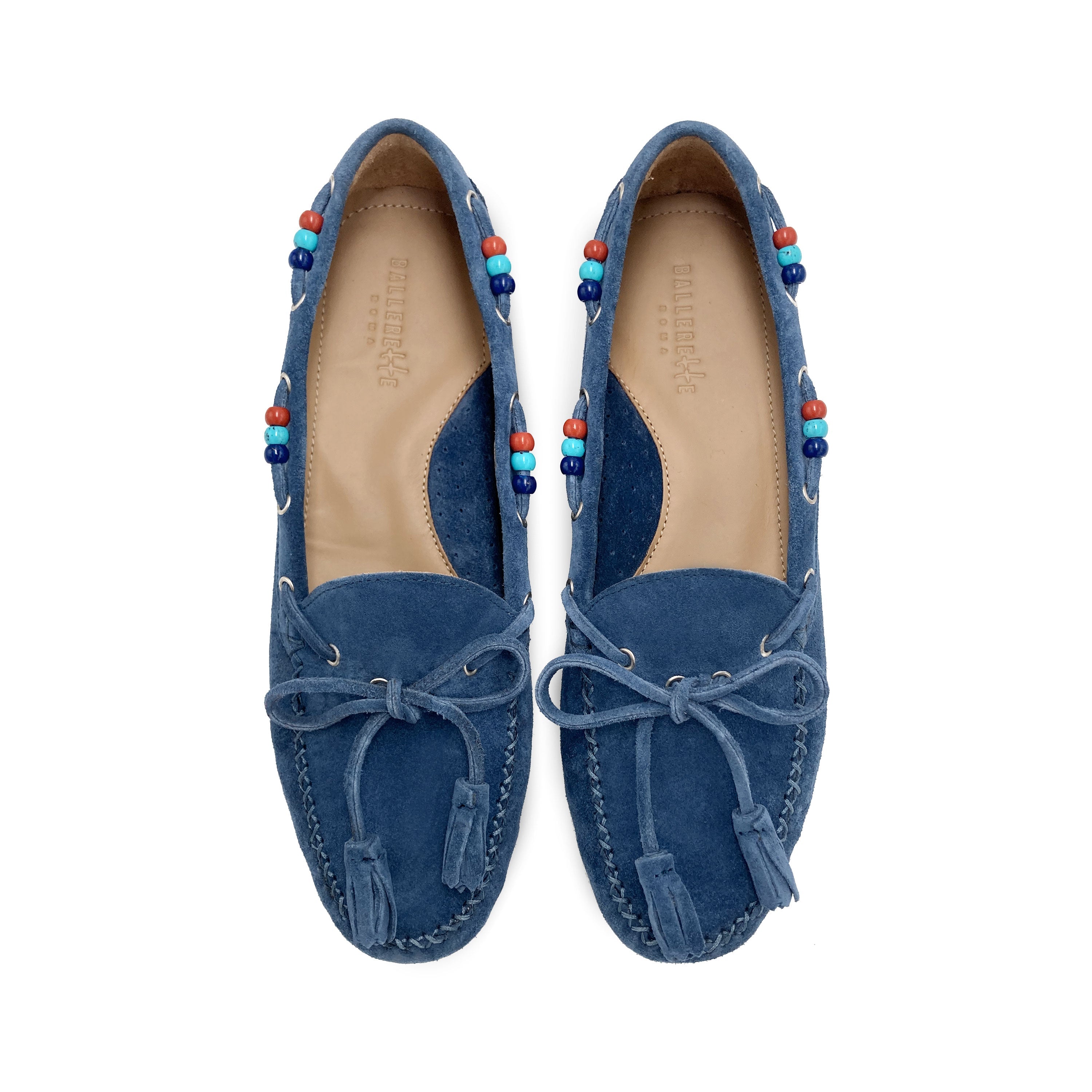 Women’s denim blue moccasins with beads