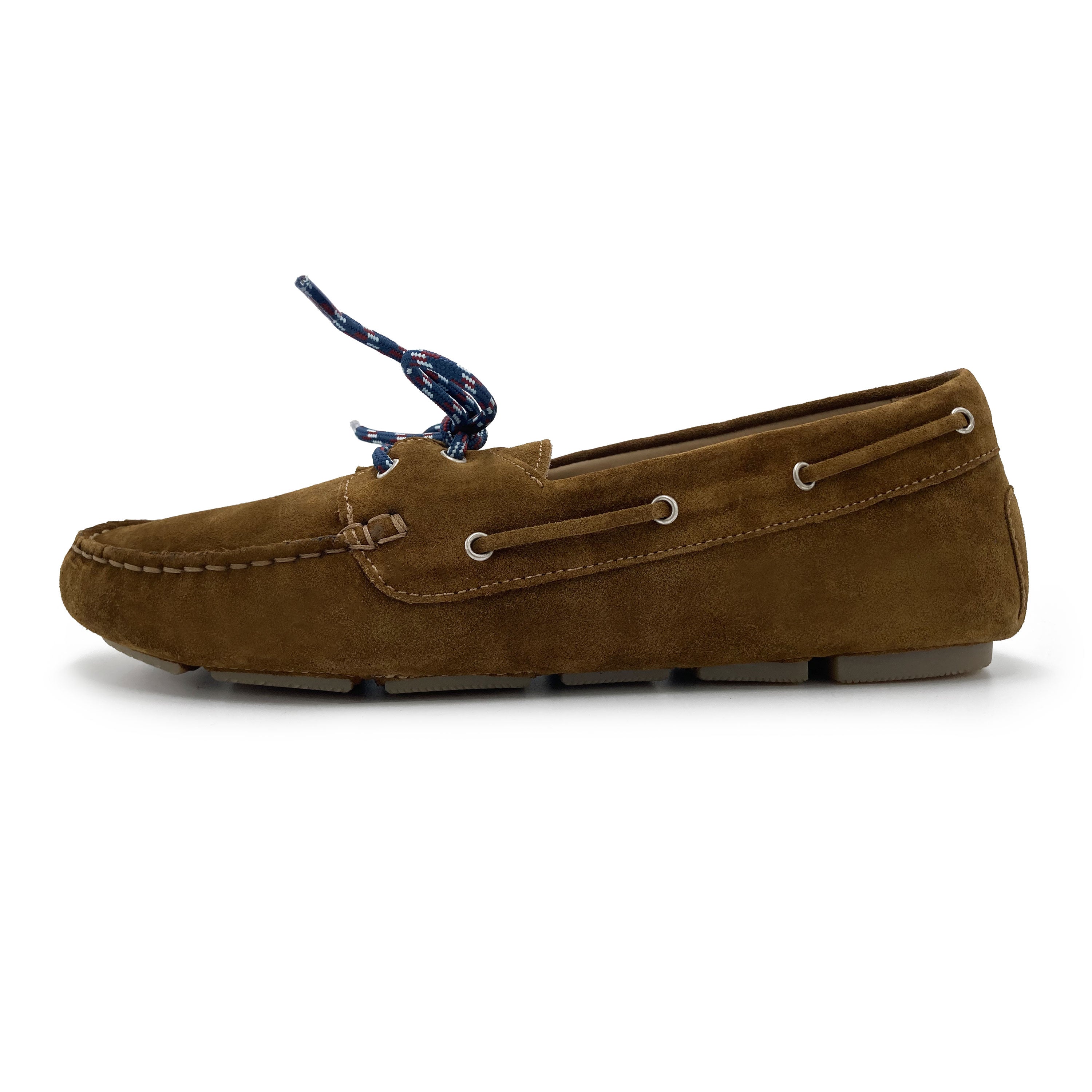 Women’s summer boat moccasins in muddy green suede with nautical lace