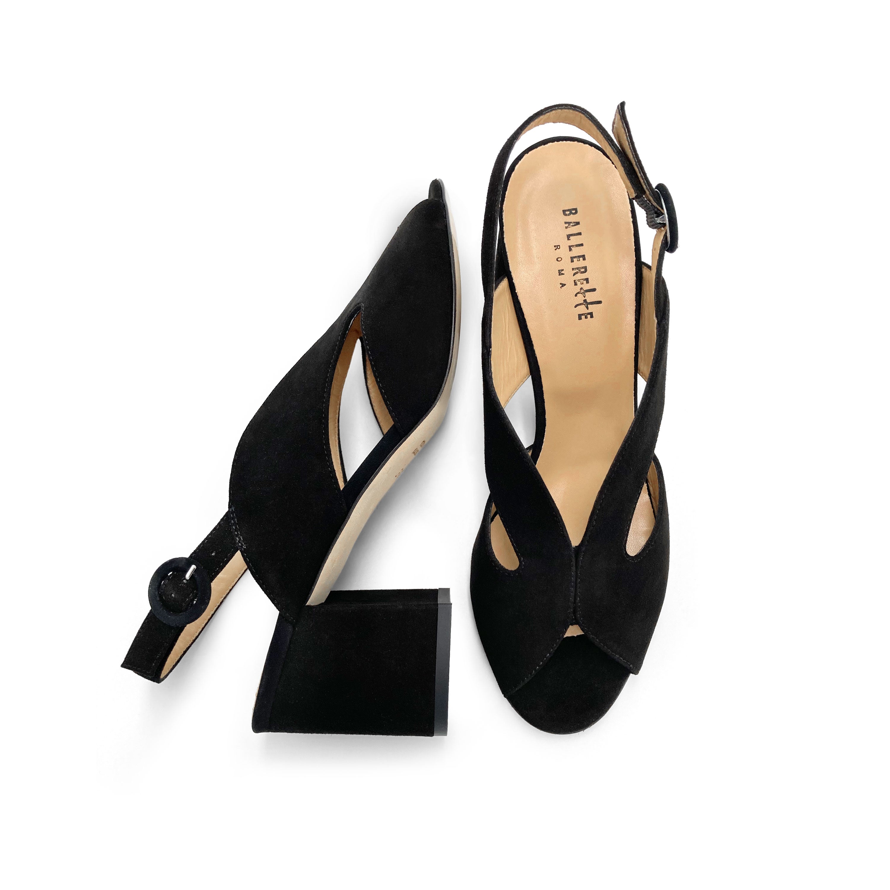 Black suede slingback open toe heeled shoes