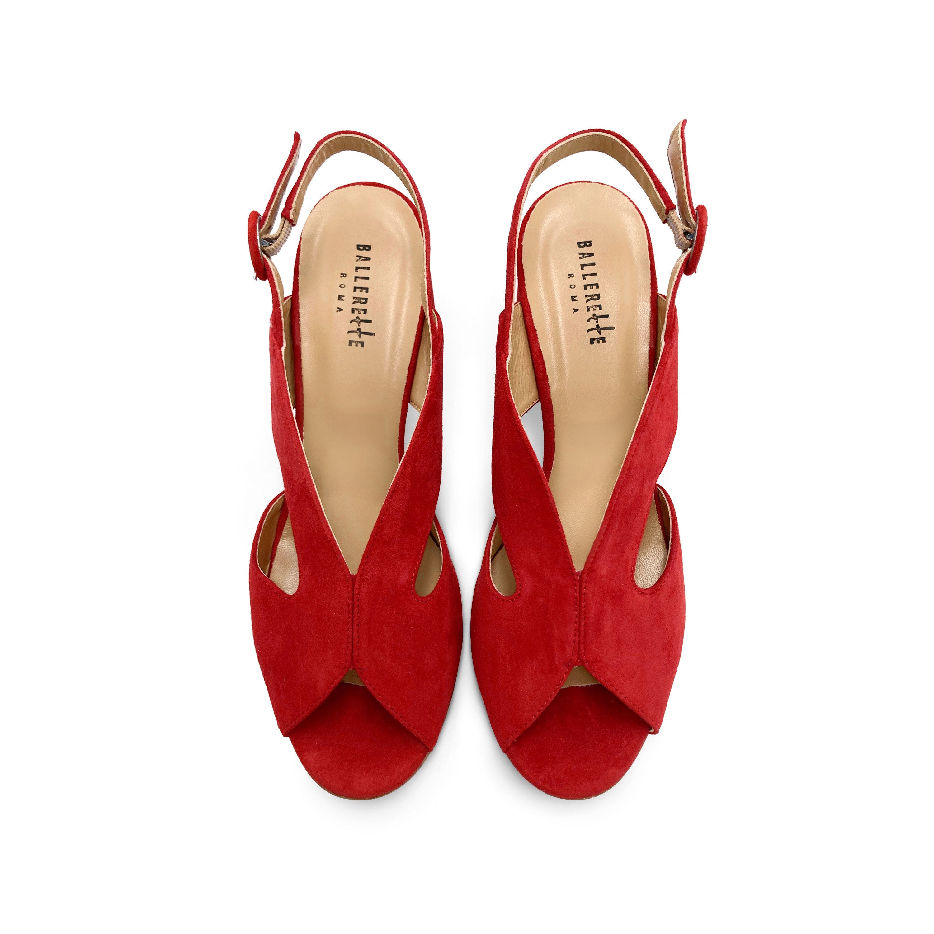 Red suede slingback open toe heeled shoes