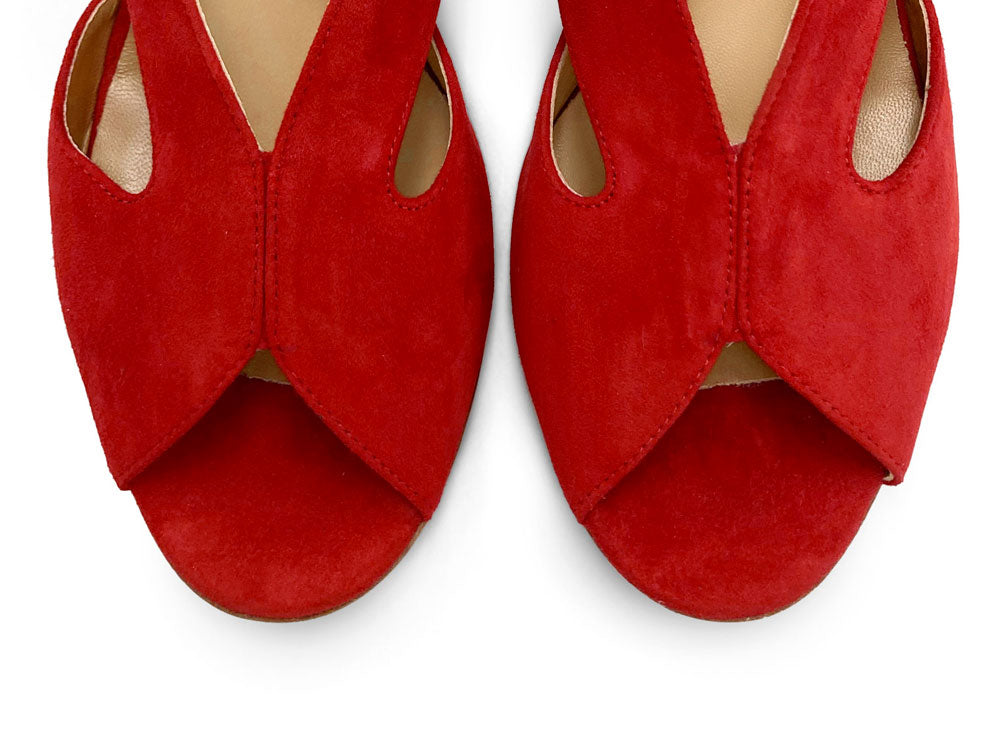 Red suede slingback open toe heeled shoes