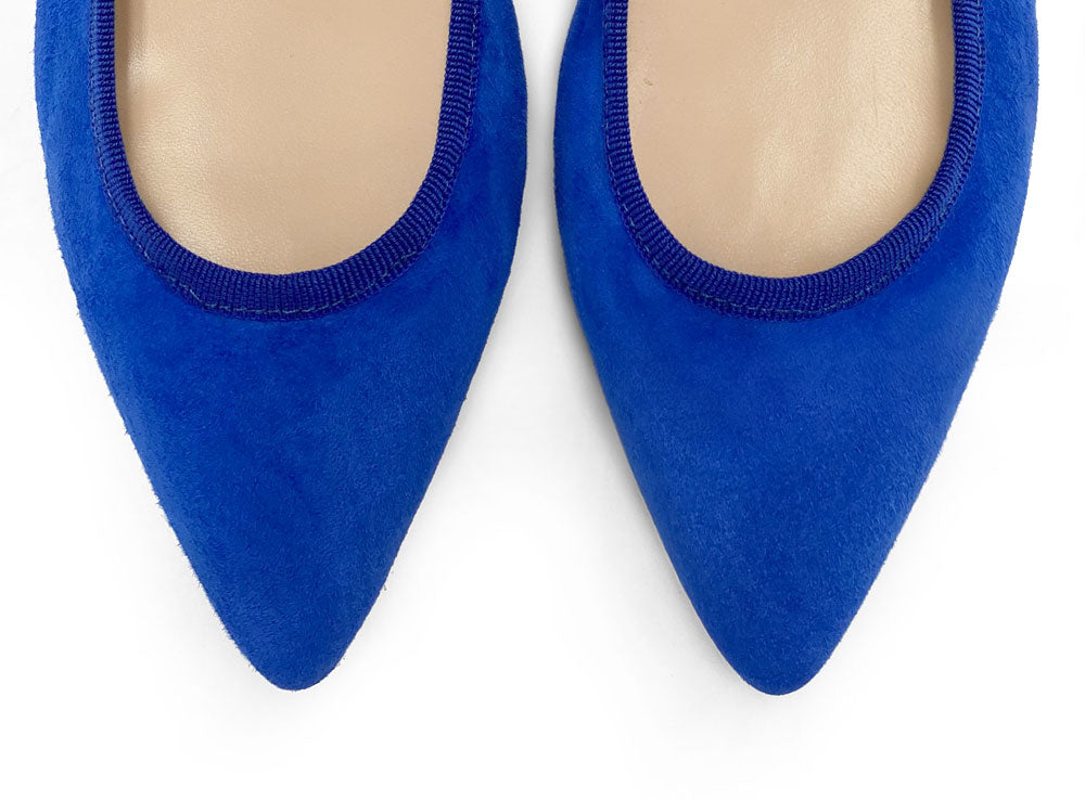 Pointed toe royal blue suede ballet flats
