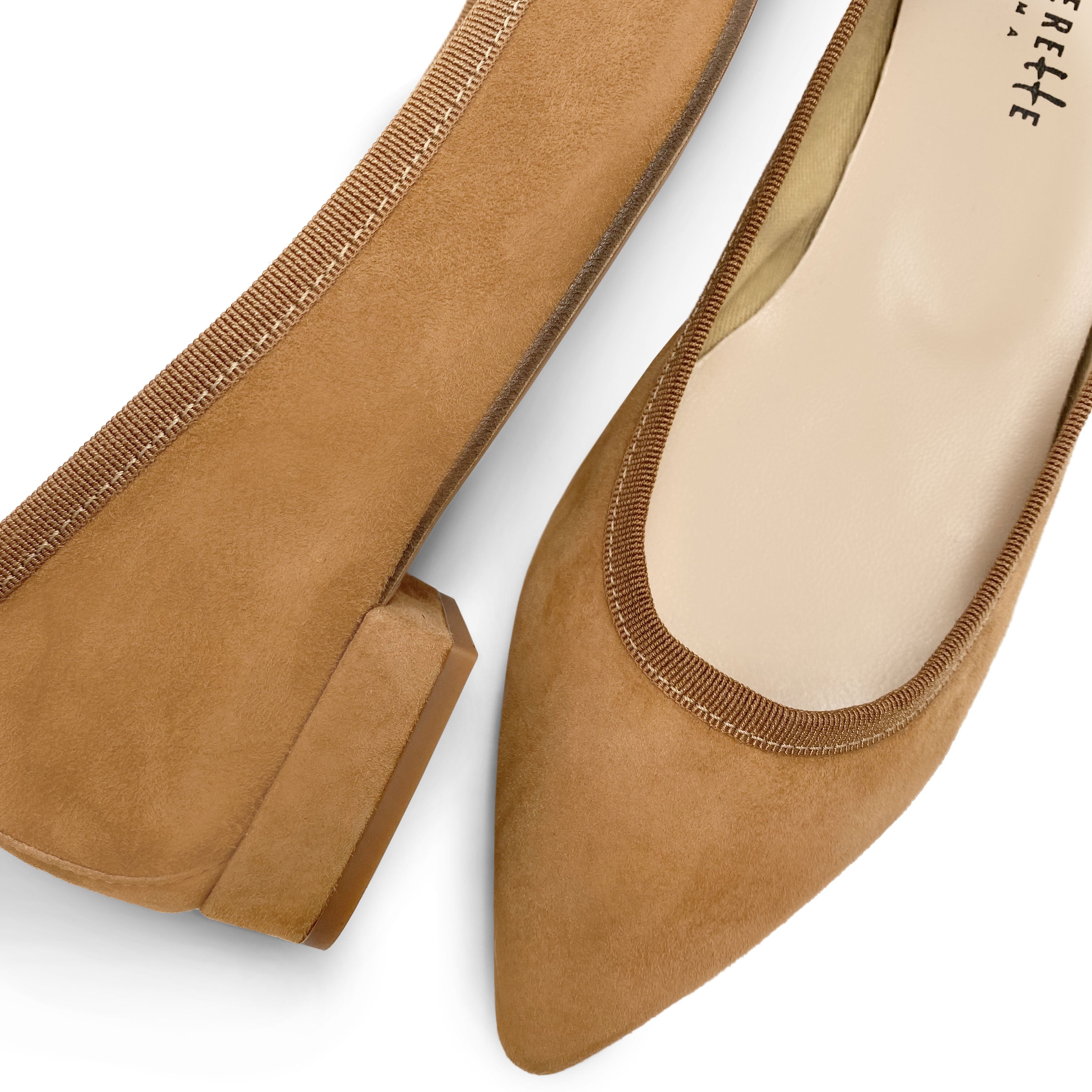 Pointed toe tan suede ballet flats