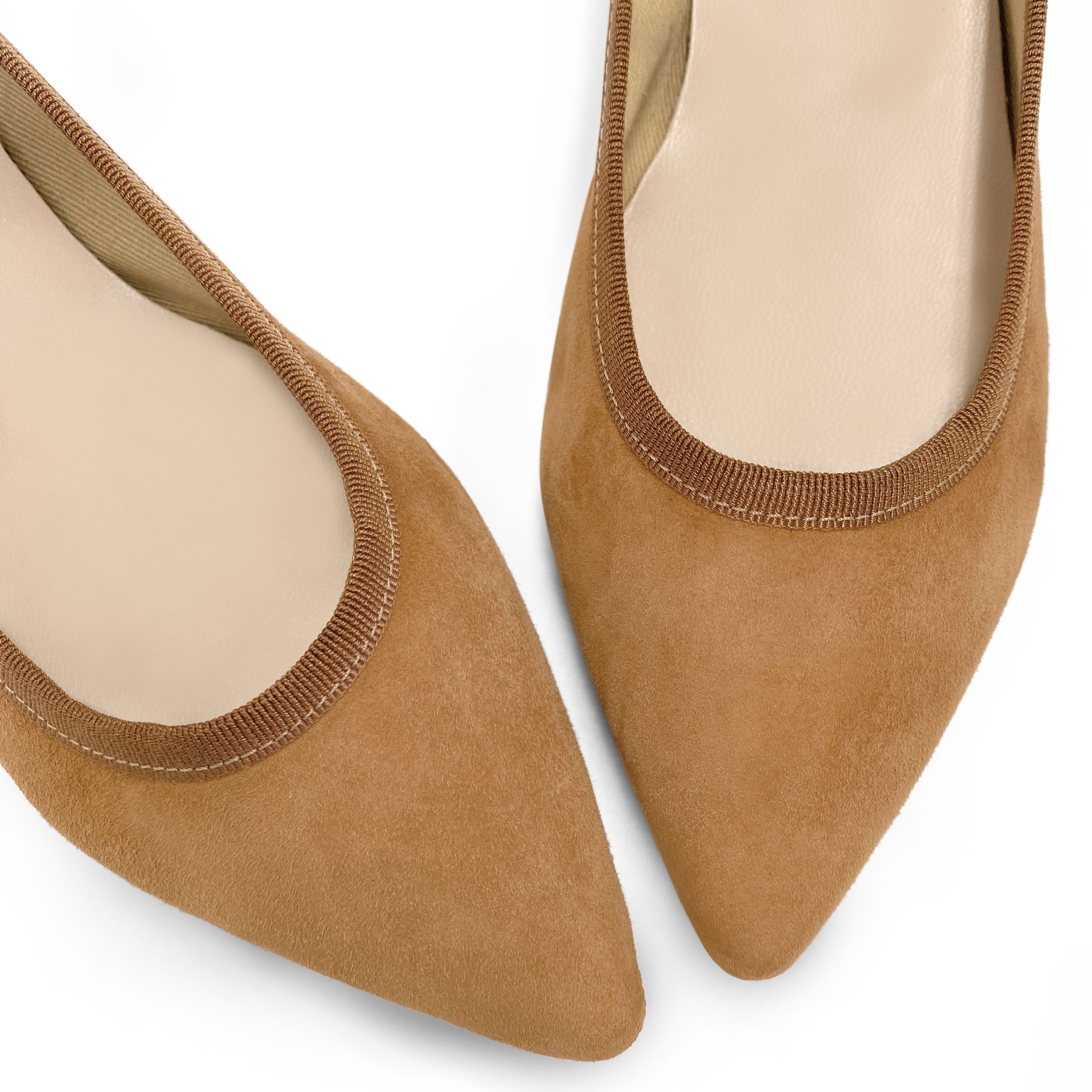 Pointed toe tan suede ballet flats