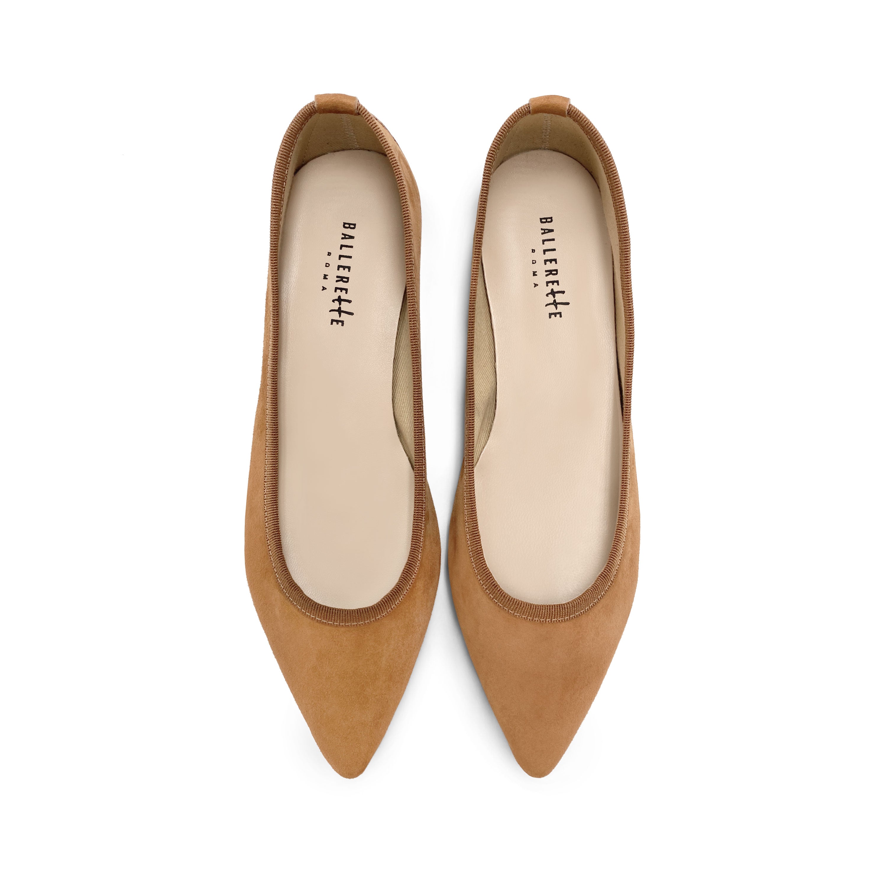 Pointed toe tan suede ballet flats