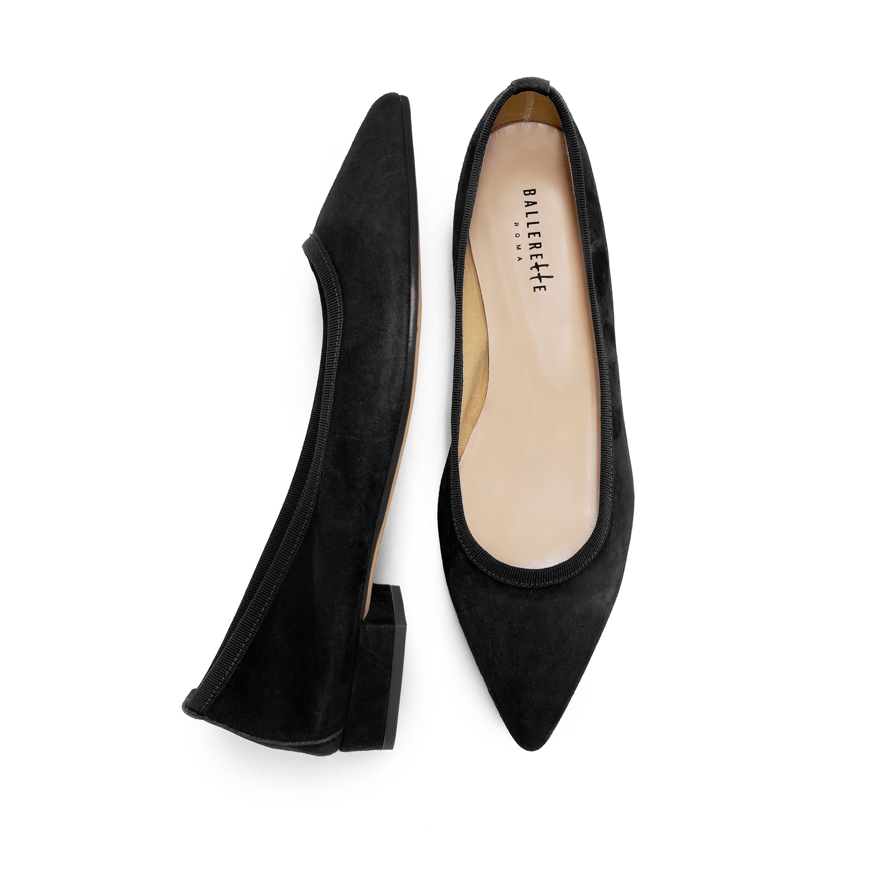 Pointed toe black suede ballet flats