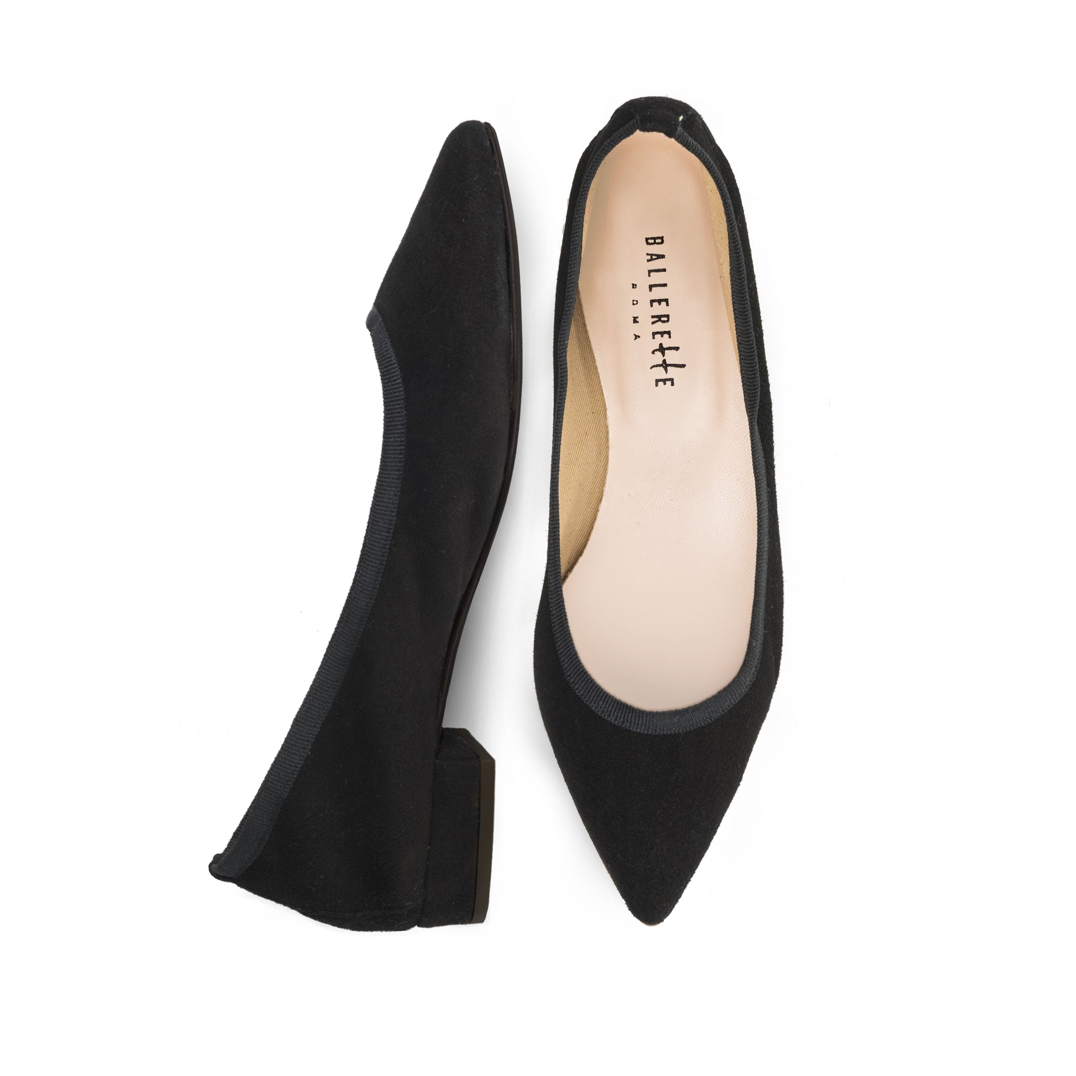 Pointed toe black suede ballet flats