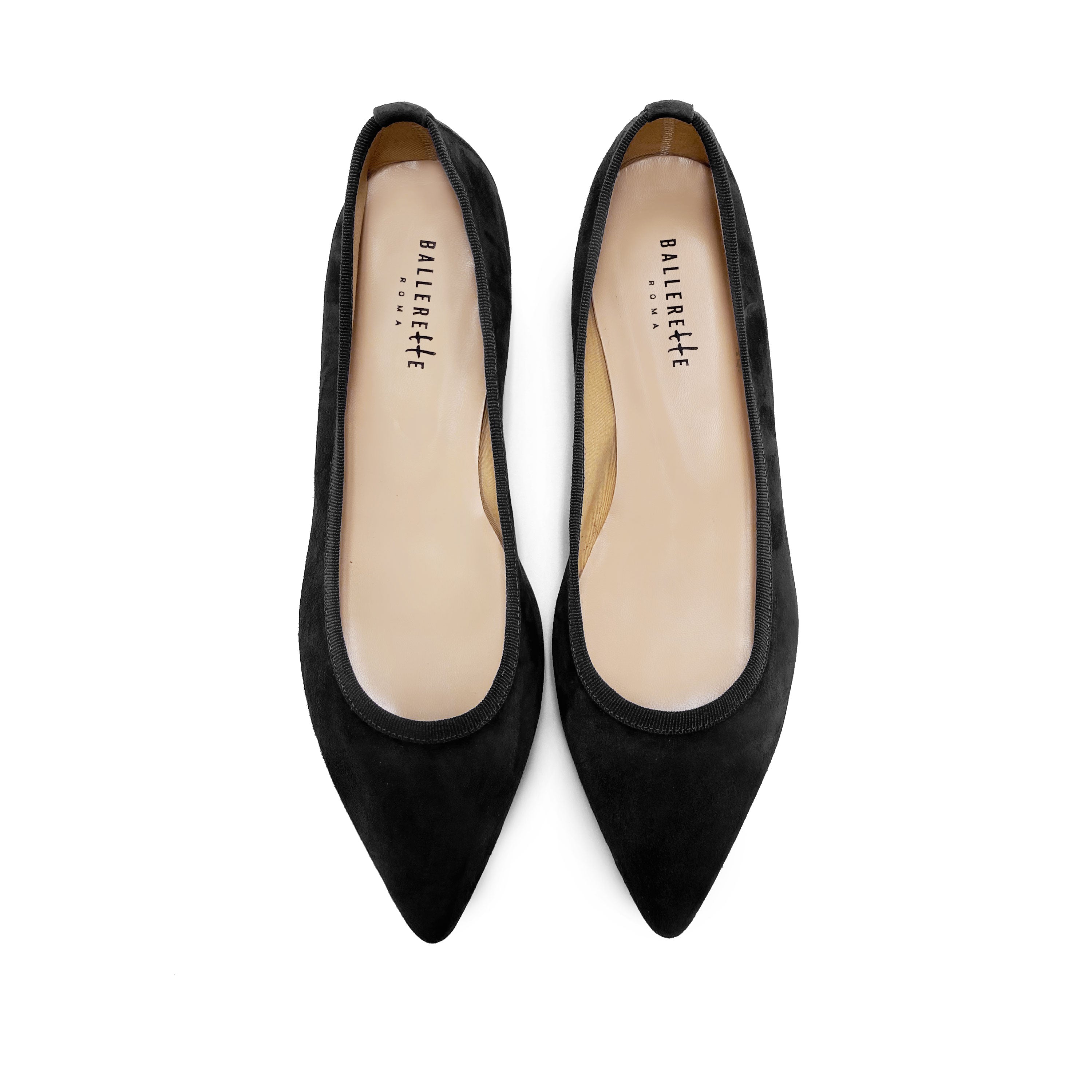 Pointed toe black suede ballet flats