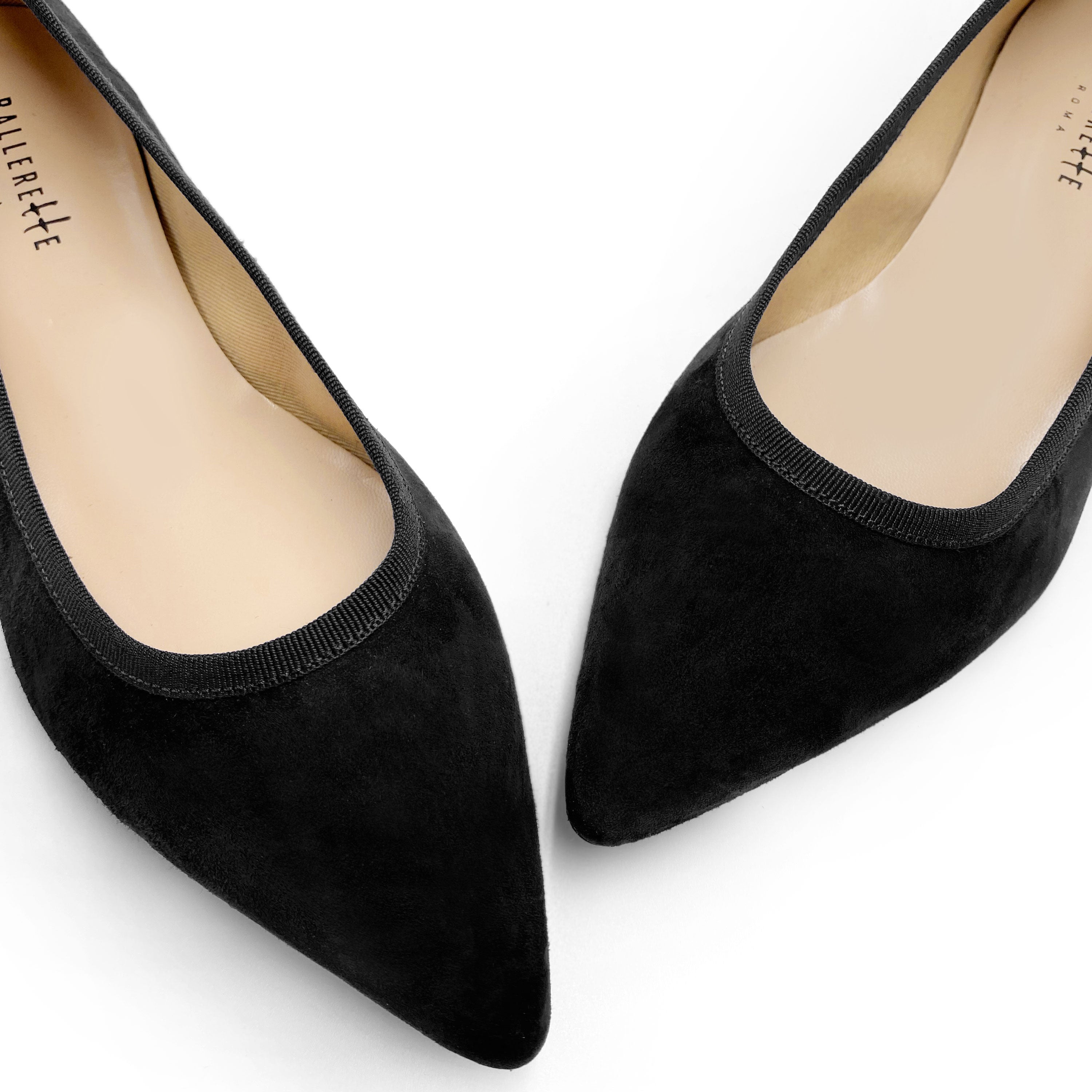 Pointed toe black suede ballet flats