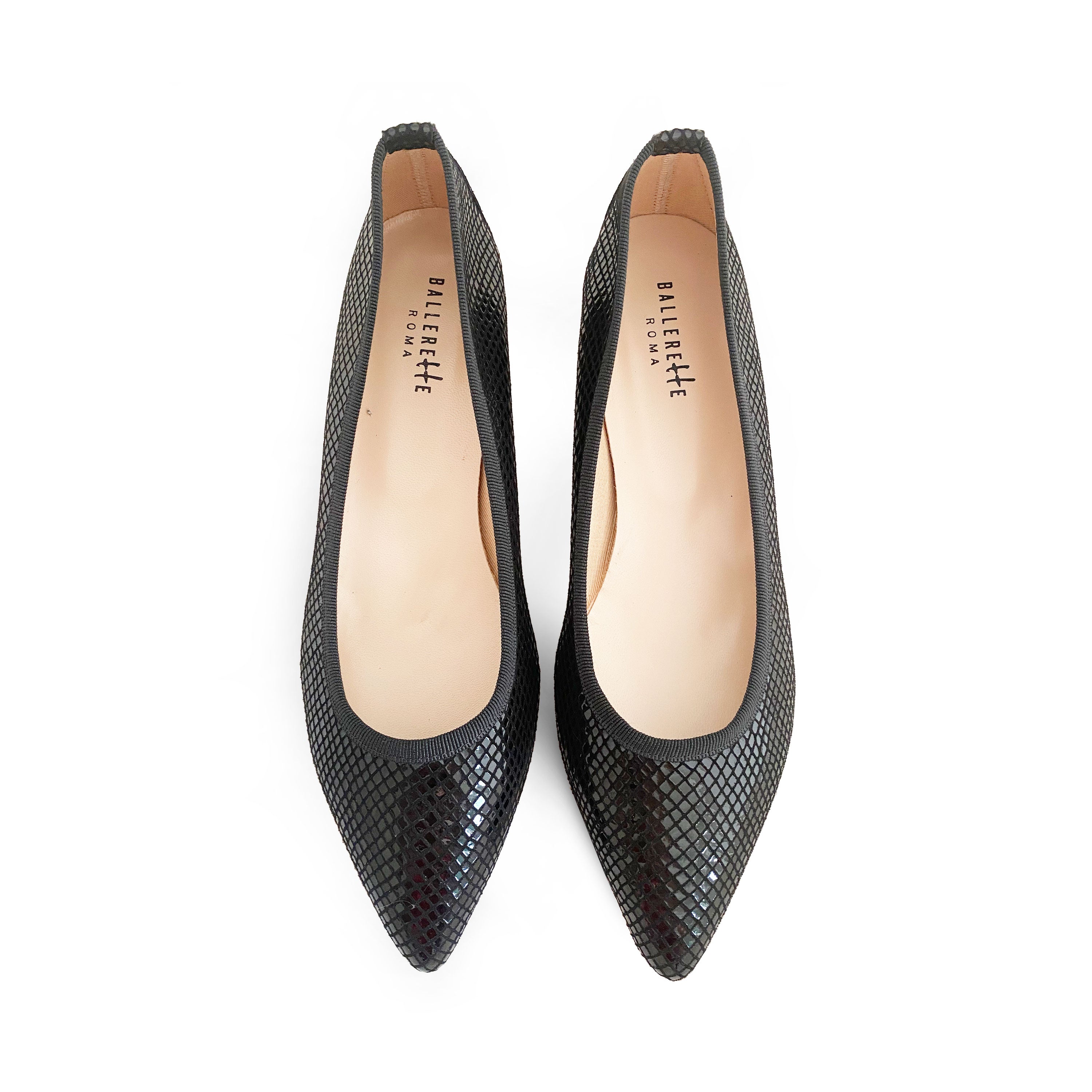 Black laminated suede pointed toe ballet flats