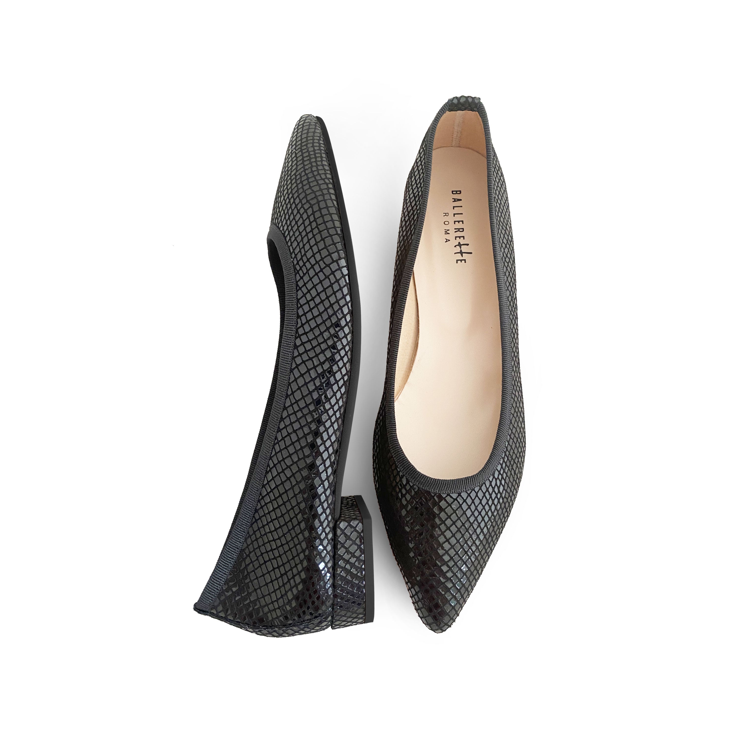 Black laminated suede pointed toe ballet flats