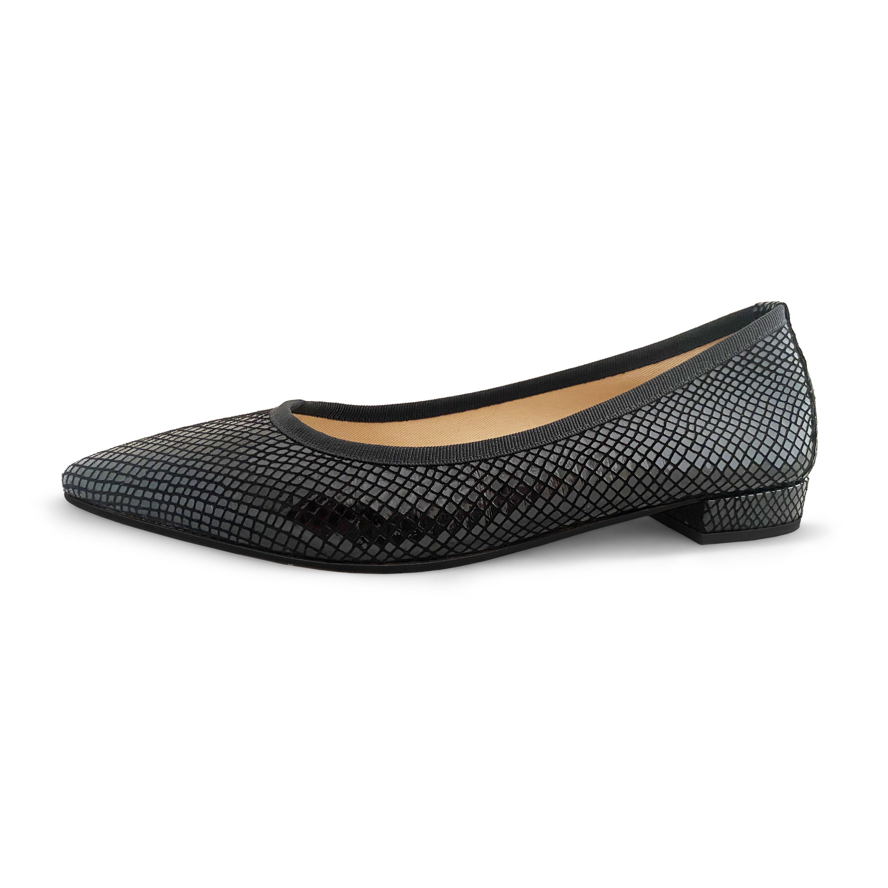 Black laminated suede pointed toe ballet flats