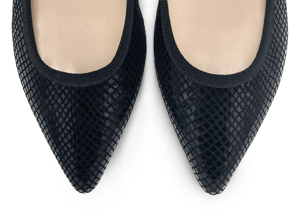 Black laminated suede pointed toe ballet flats