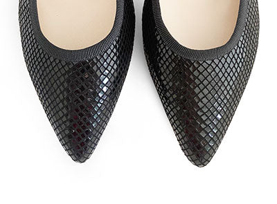 Black laminated suede pointed toe ballet flats