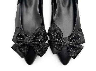 Black leather evening ballet flats with pointed toe and jewel bow