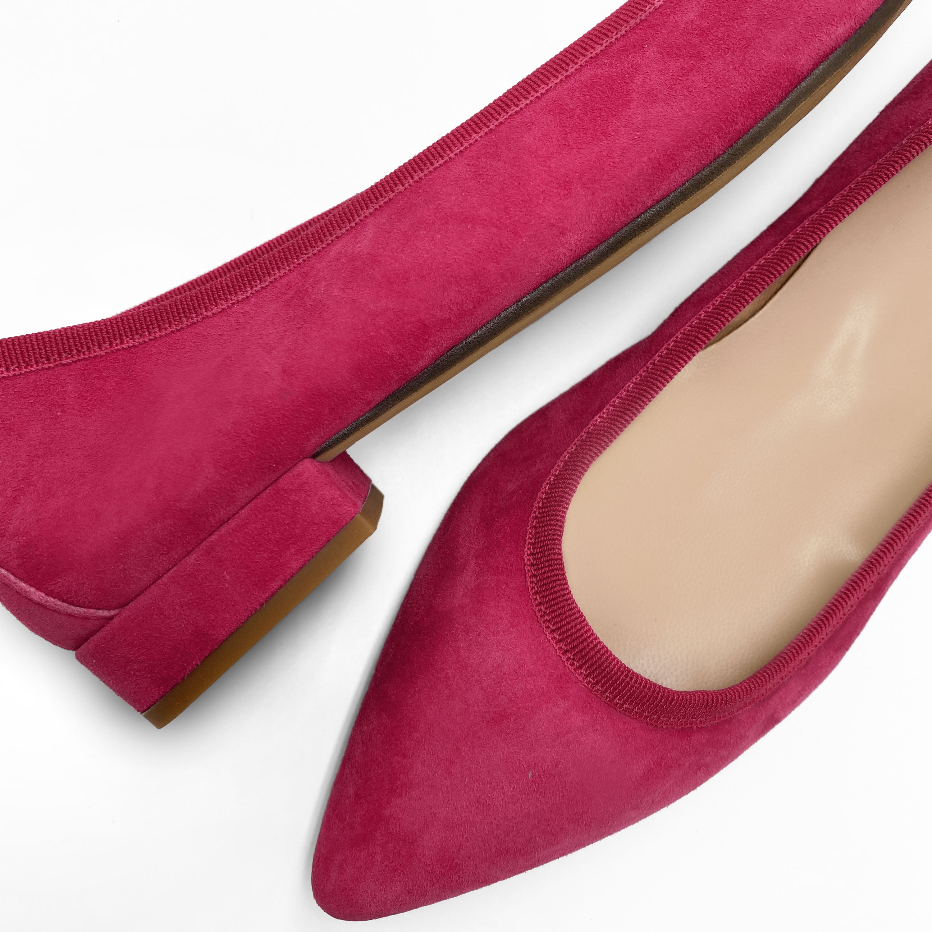 Pointed toe plum suede ballet flats