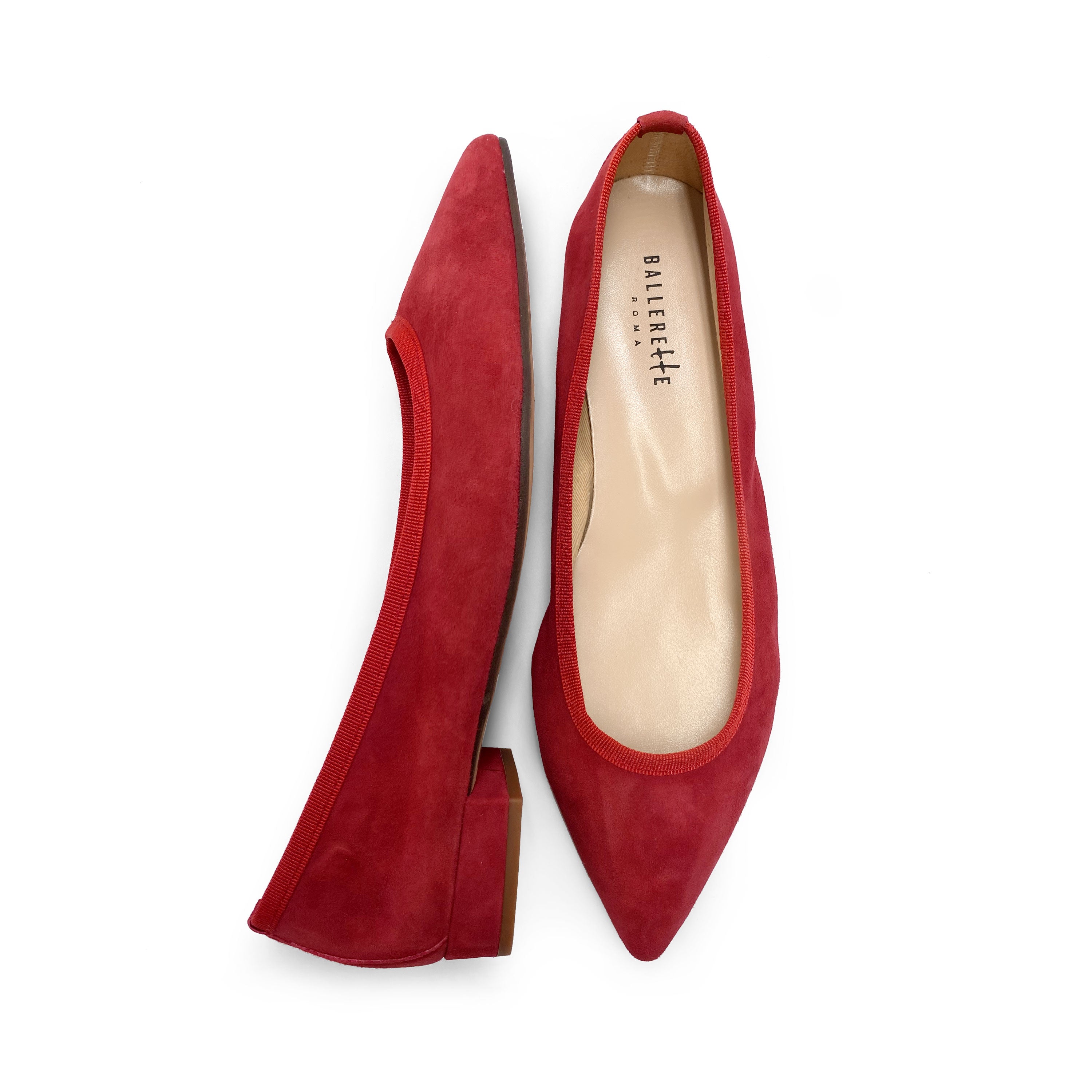 Pointed toe red suede ballet flats