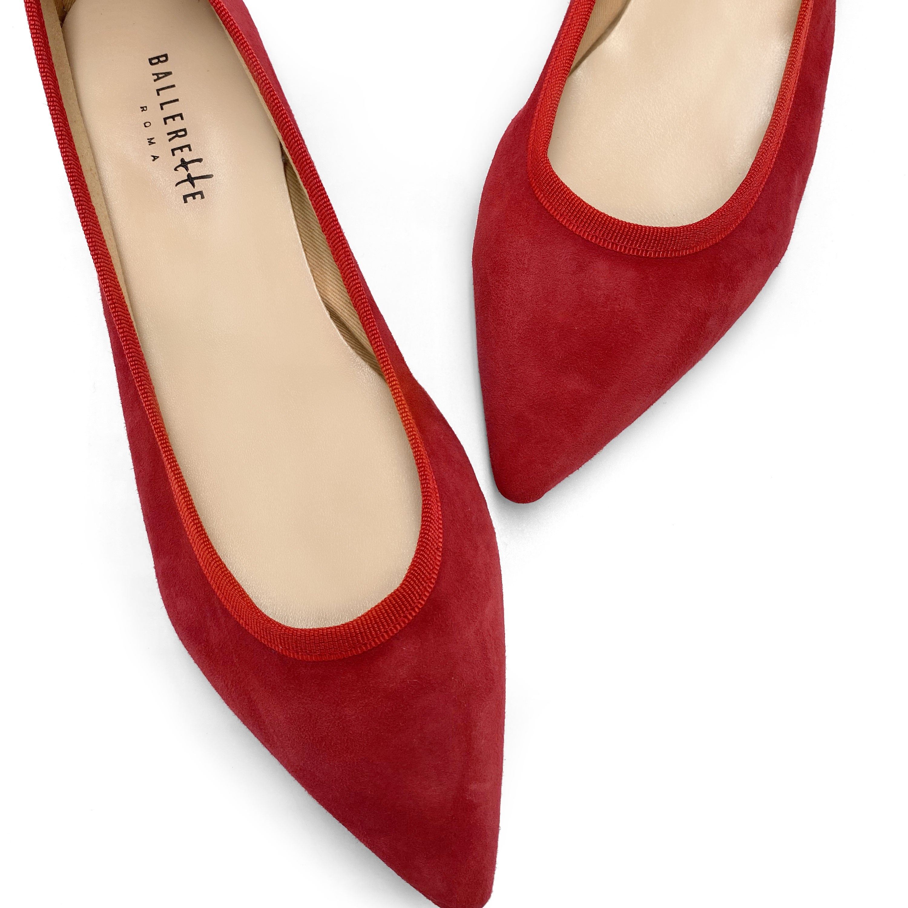 Pointed toe red suede ballet flats