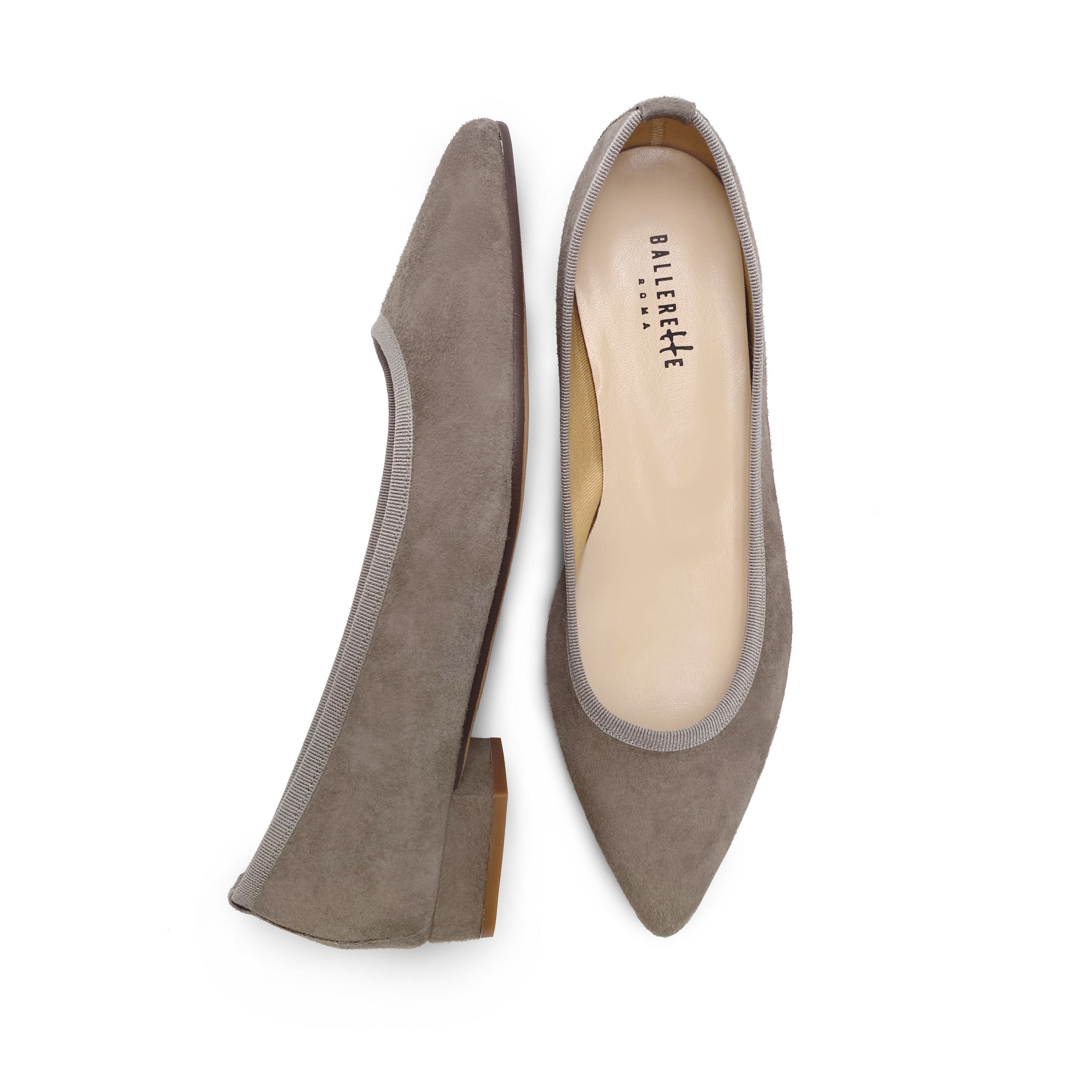 Pointed toe taupe suede ballet flats