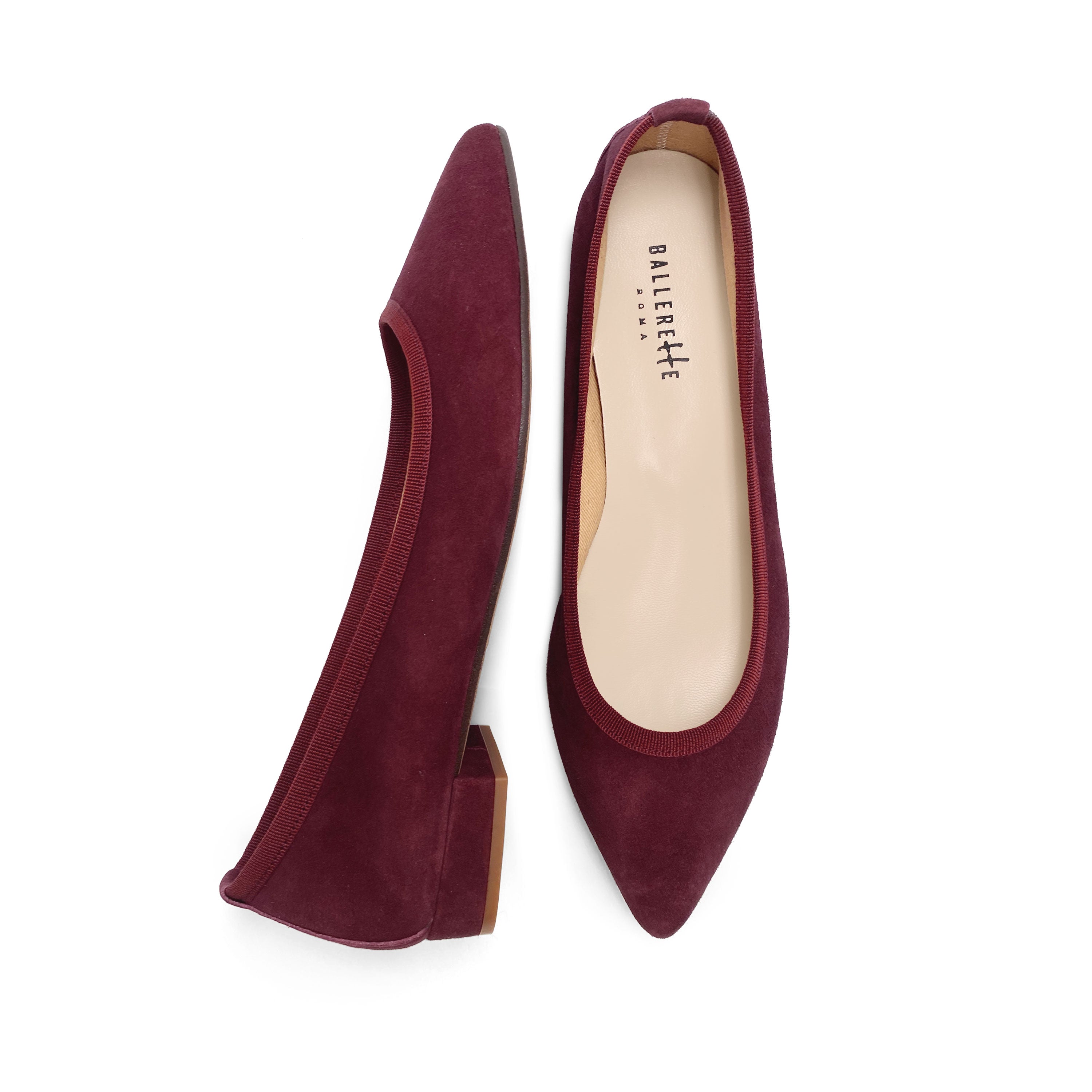 Pointed toe burgundy suede ballet flats