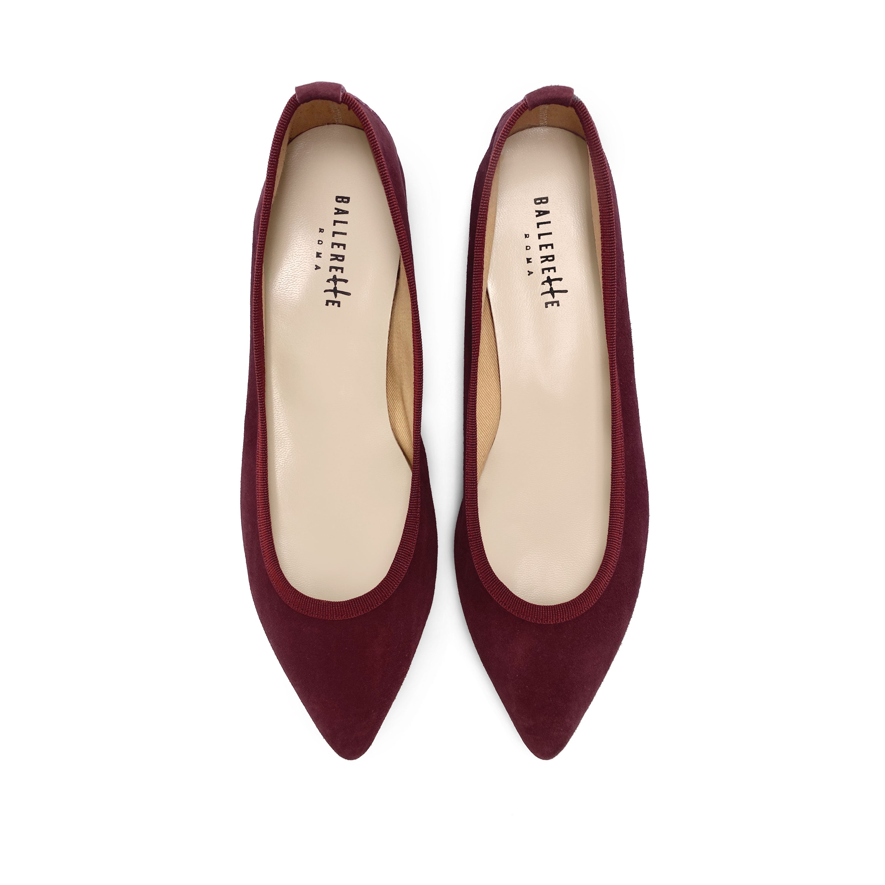 Pointed toe burgundy suede ballet flats