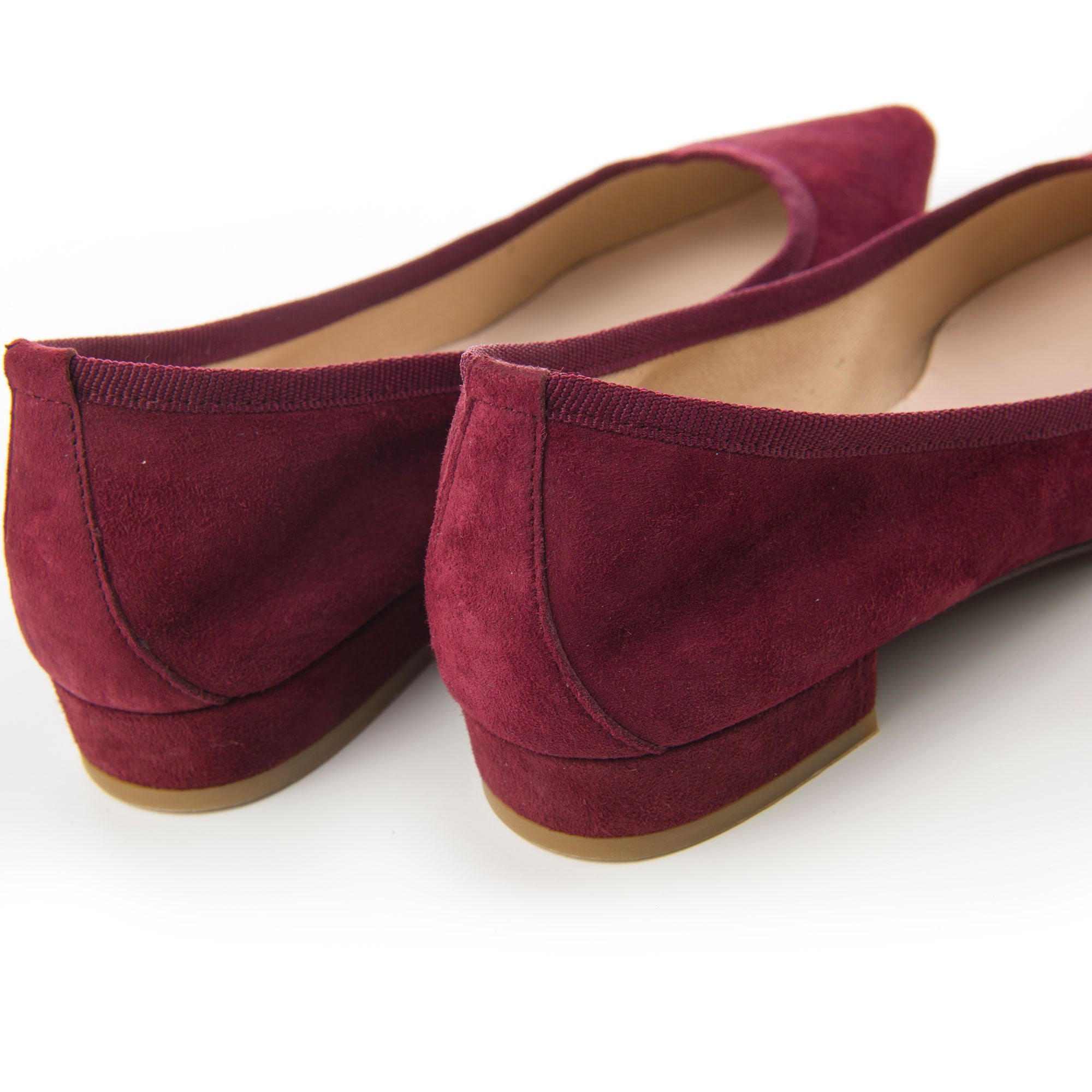 Pointed toe burgundy suede ballet flats