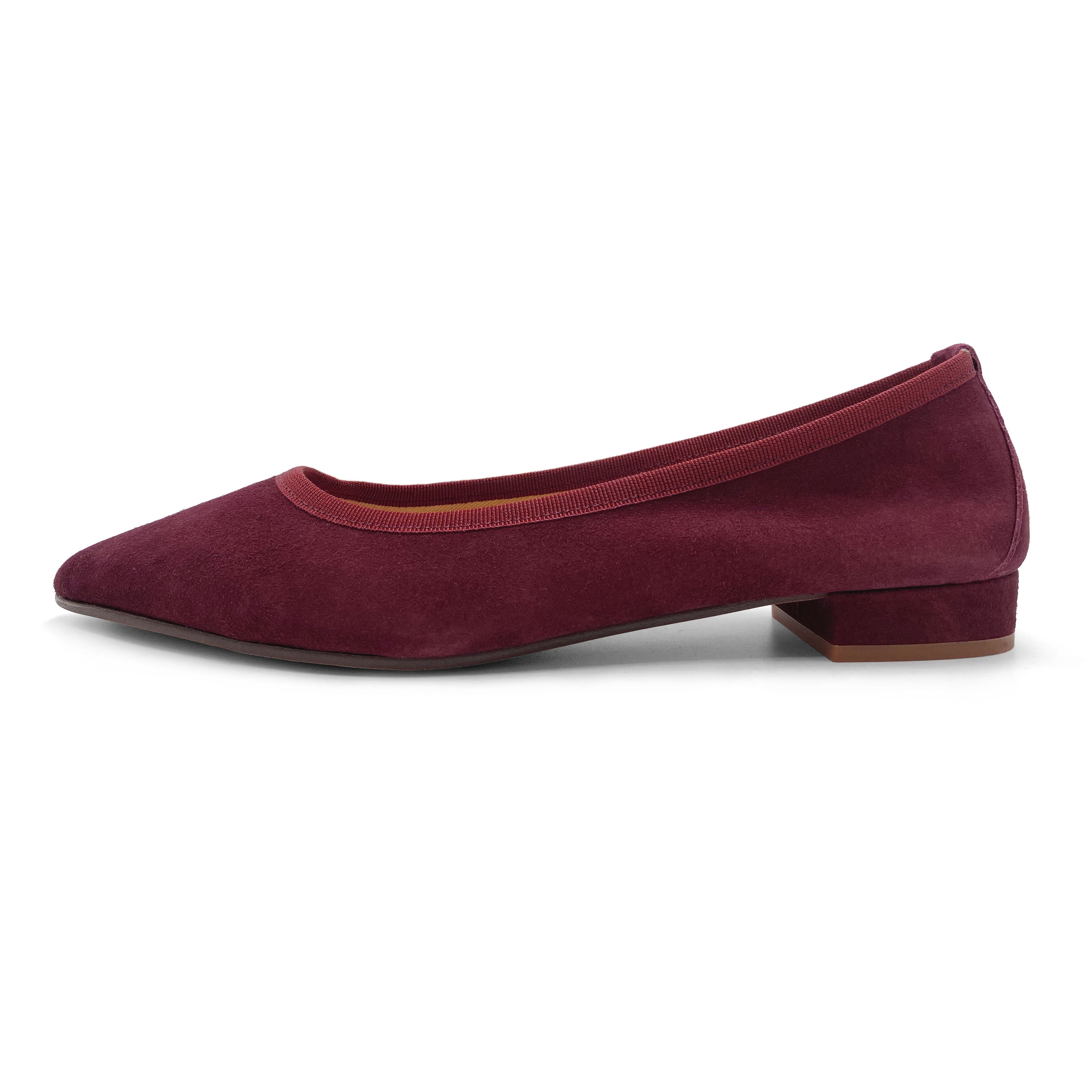 Pointed toe burgundy suede ballet flats