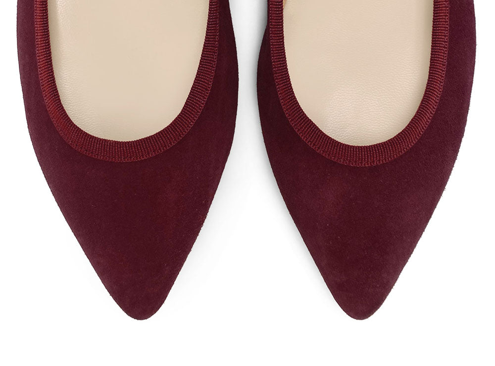 Pointed toe burgundy suede ballet flats