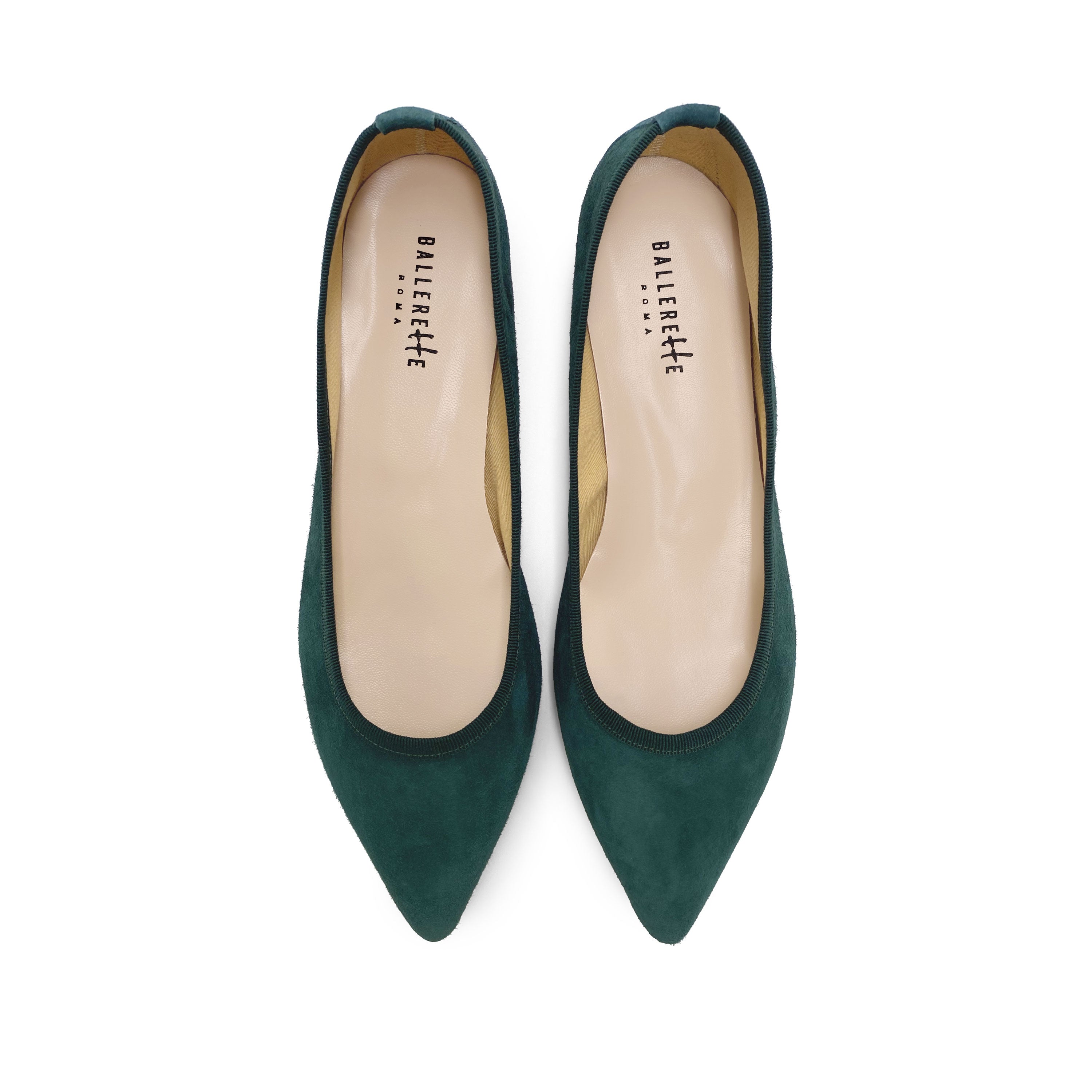 Pointed toe forest green suede ballet flats