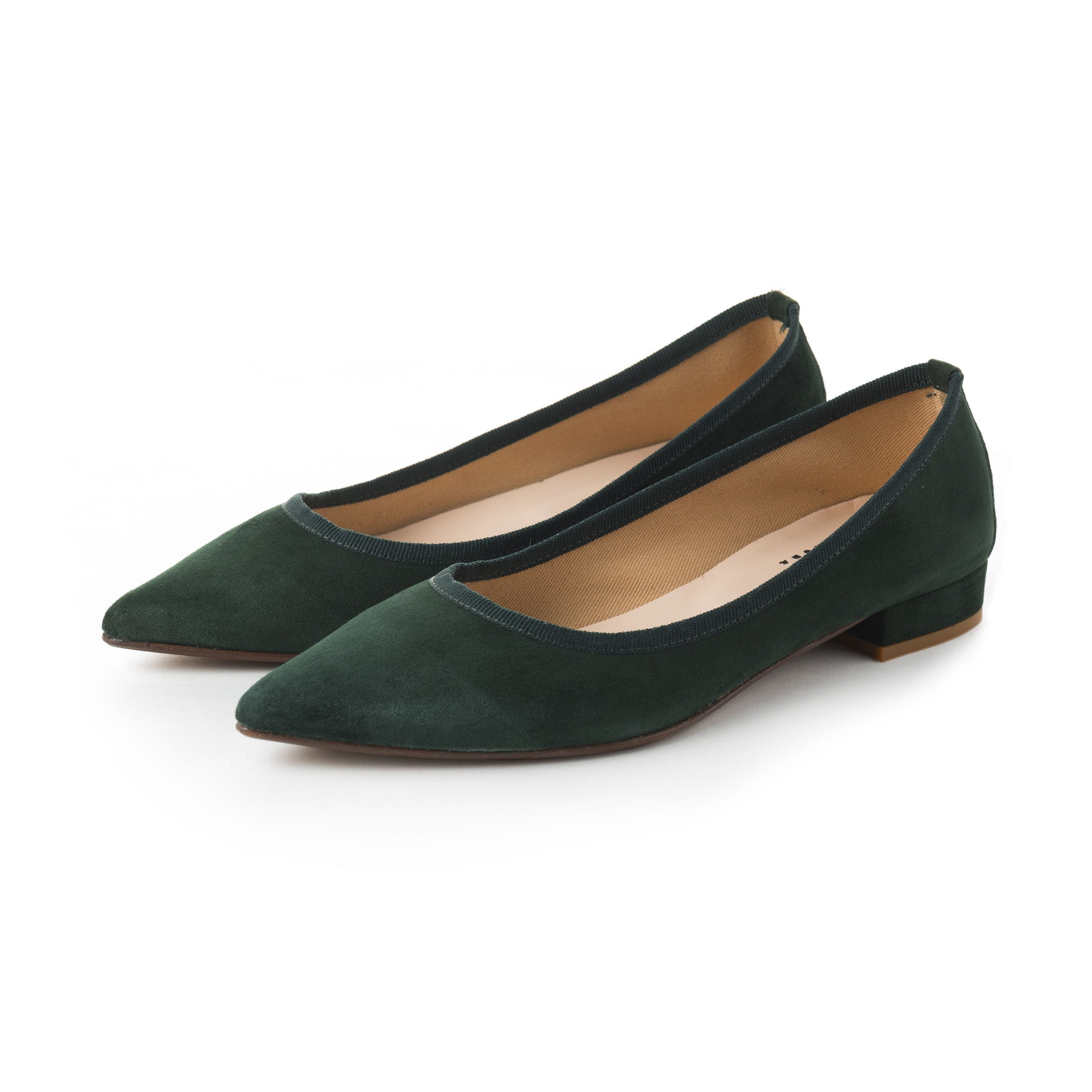 Pointed toe forest green suede ballet flats