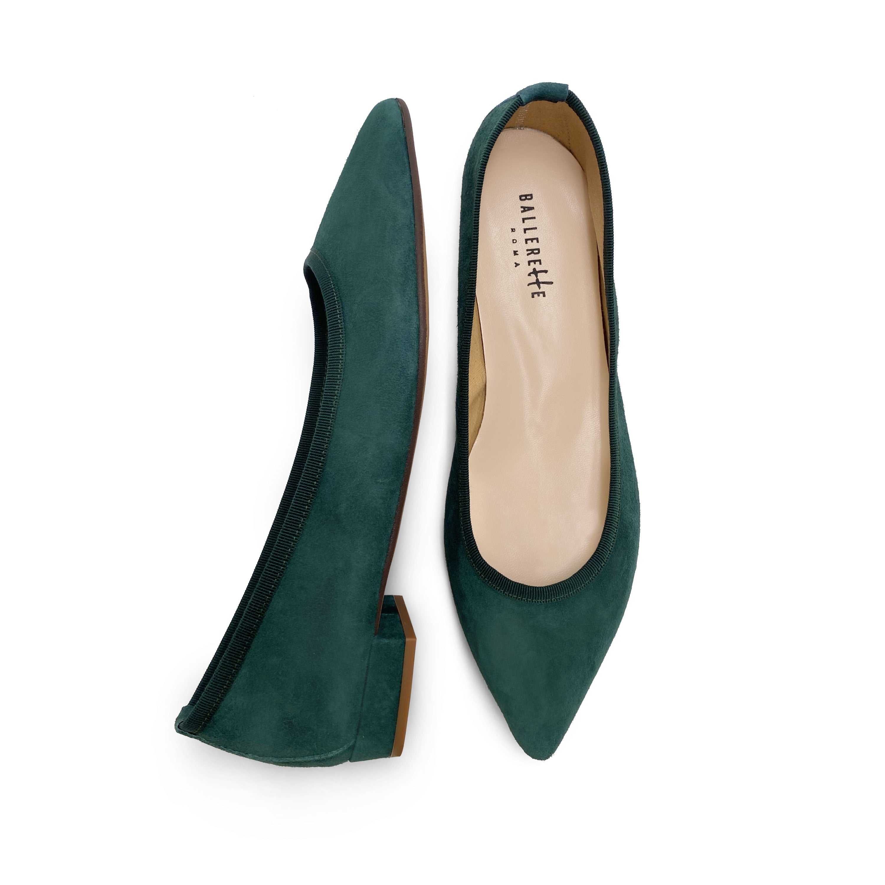 Pointed toe forest green suede ballet flats