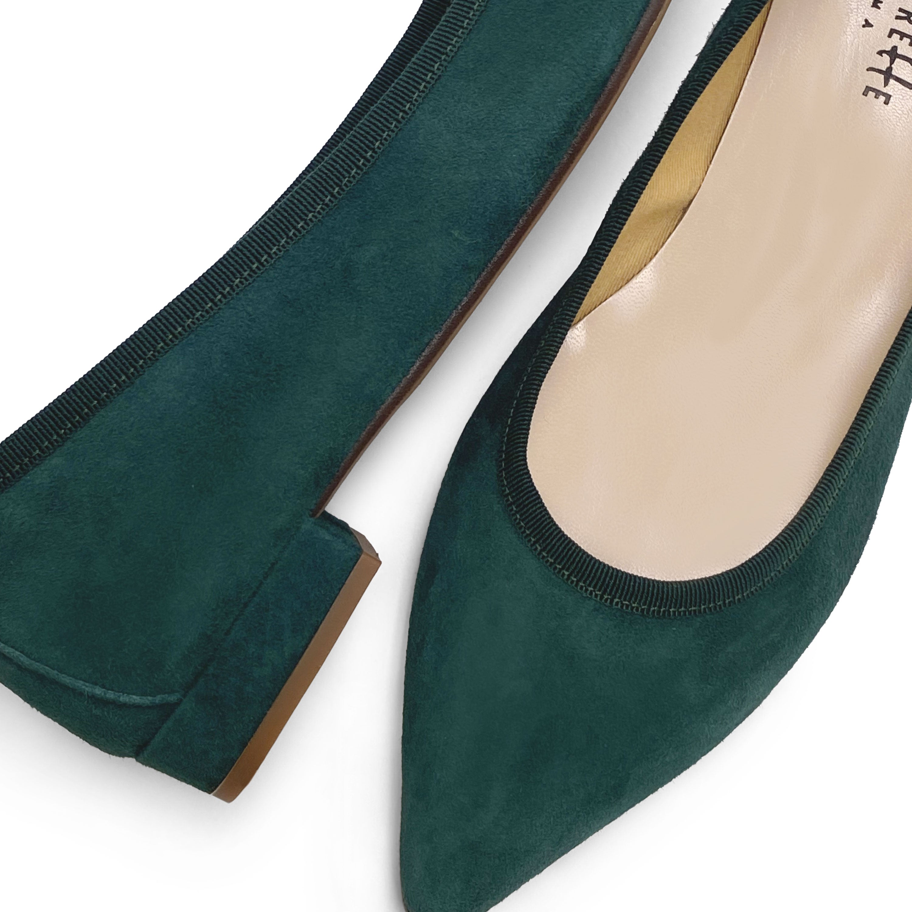 Pointed toe forest green suede ballet flats