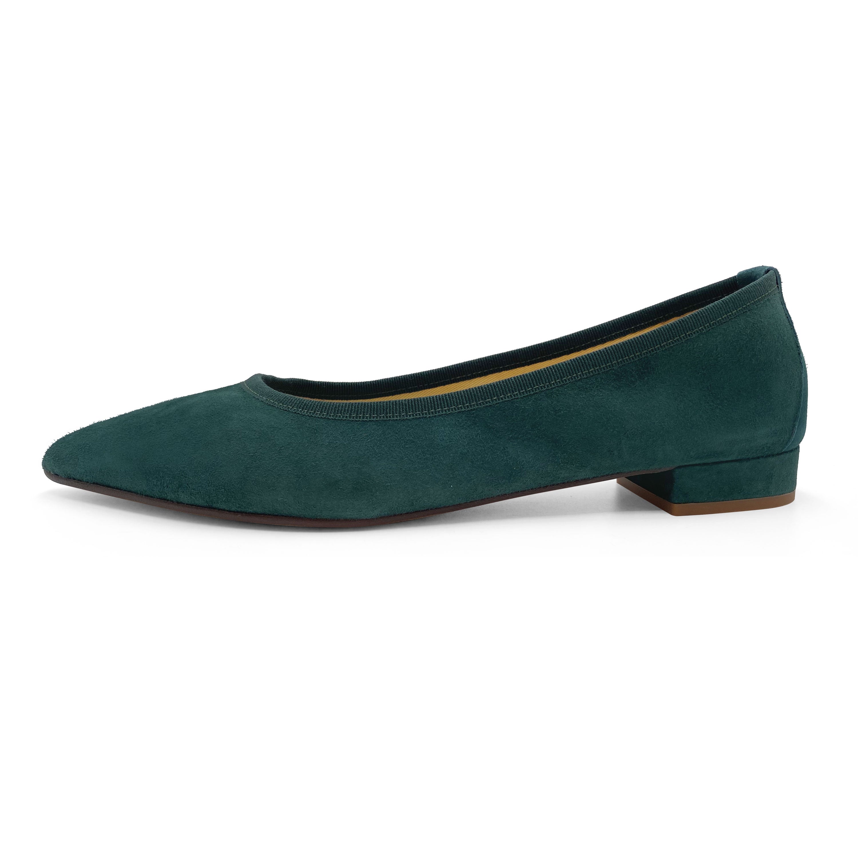 Pointed toe forest green suede ballet flats