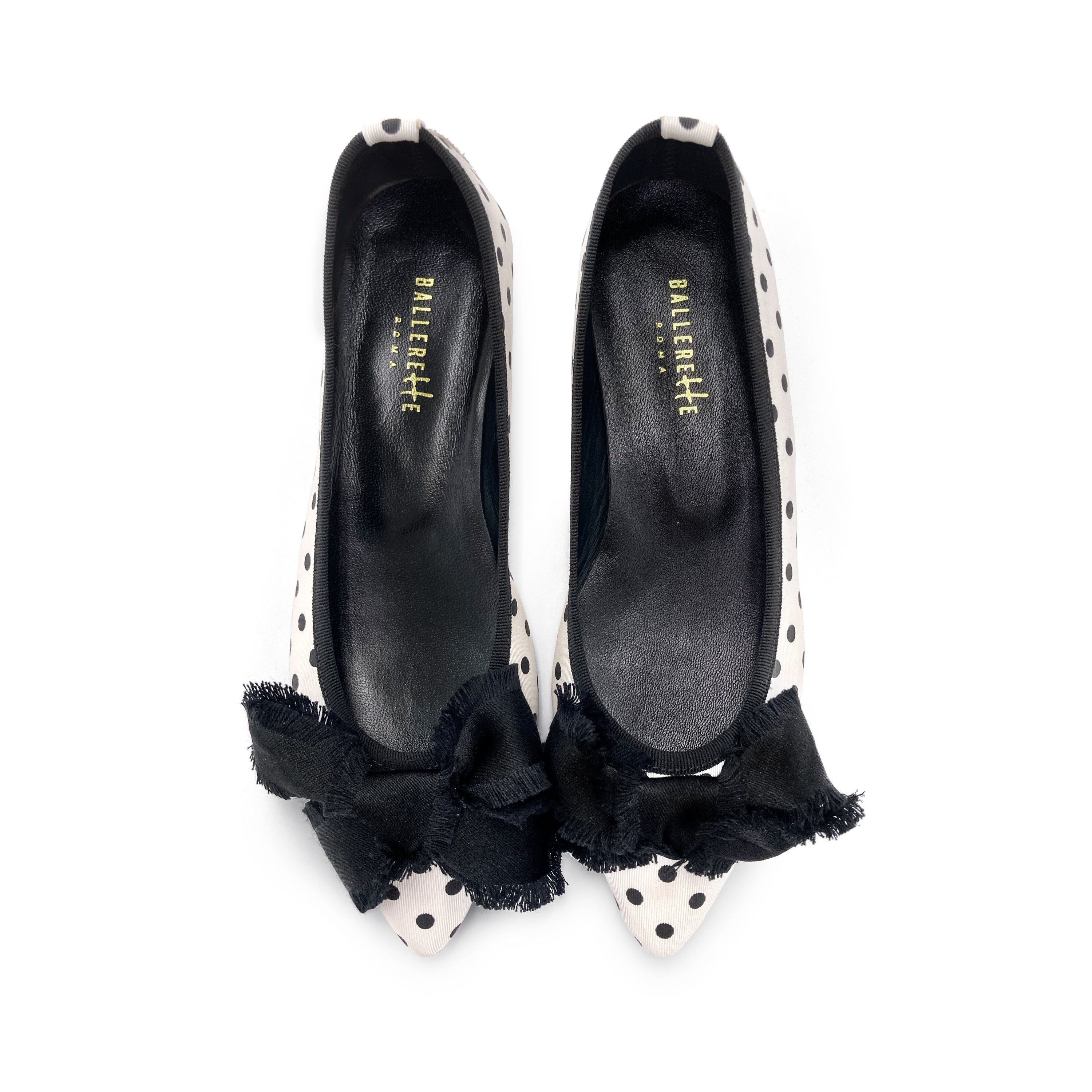 Black and white polka dot fabric ballet flats with bow