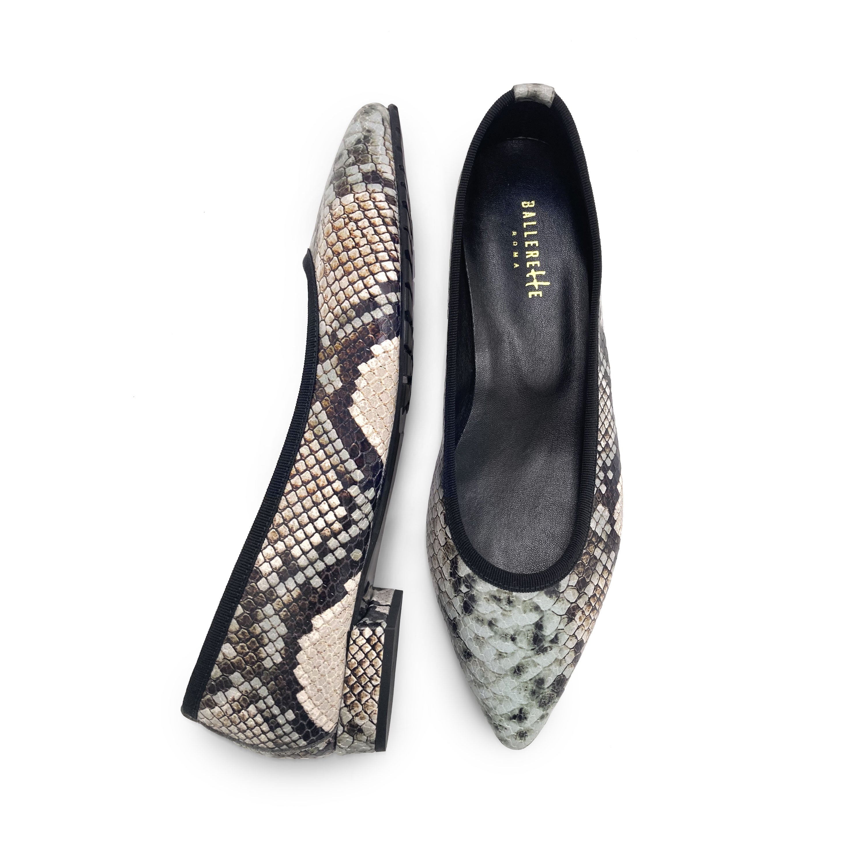 Snake print leather pointed toe ballet flats